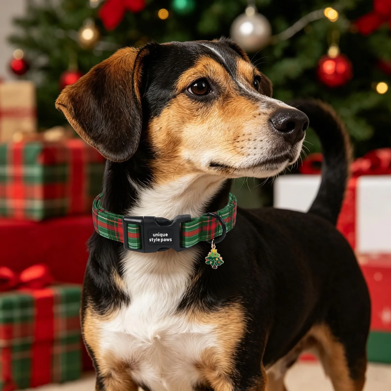 Unique Style Paws Collare per cani in cotone natalizio, regolabile con ciondolo a forma di albero di Natale, sgancio rapido, robusto anello a D, collare per cani a quadretti verdi per cani di taglia - immagine 5