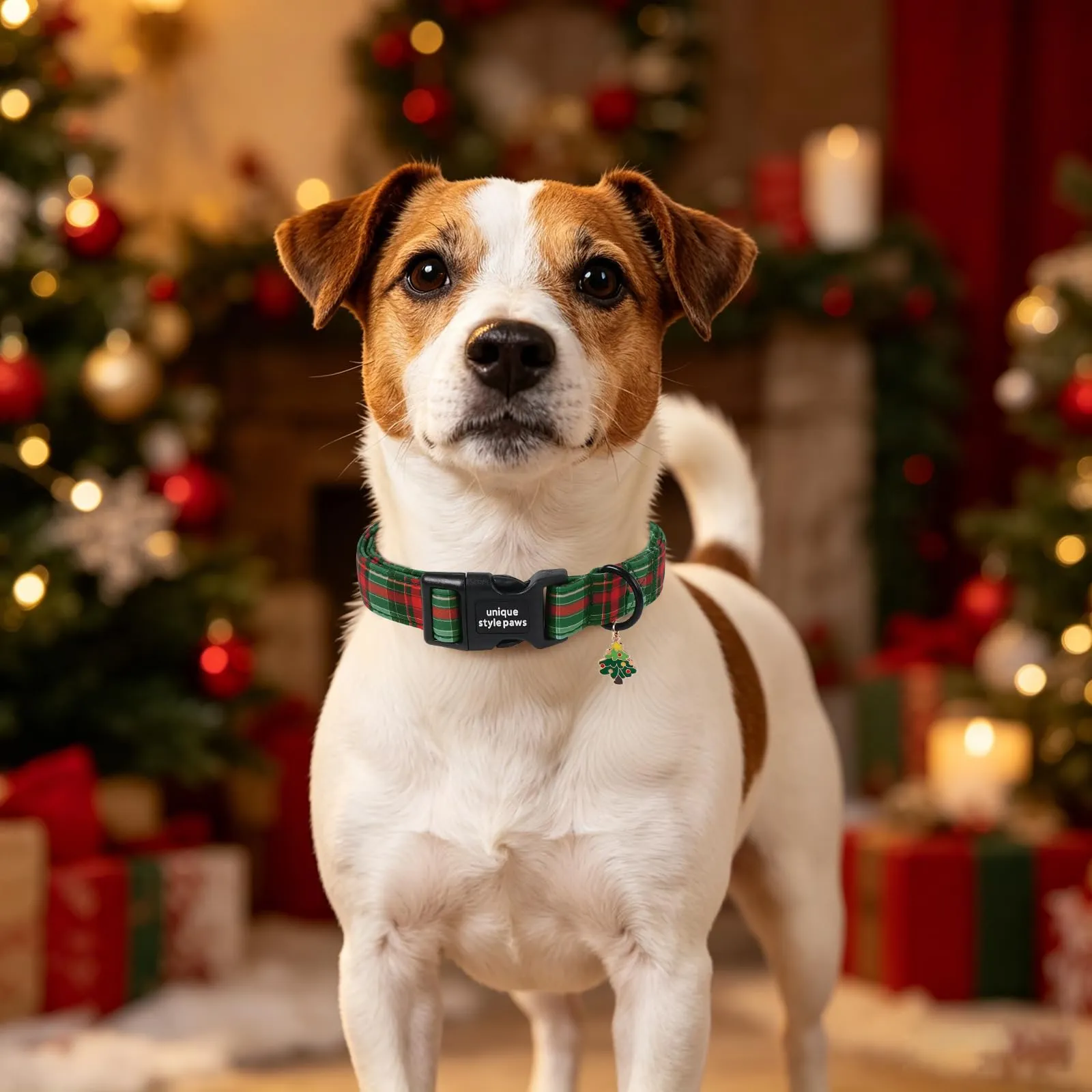 Unique Style Paws Collare per cani in cotone natalizio, regolabile con ciondolo a forma di albero di Natale, sgancio rapido, robusto anello a D, collare per cani a quadretti verdi per cani di taglia - immagine 6