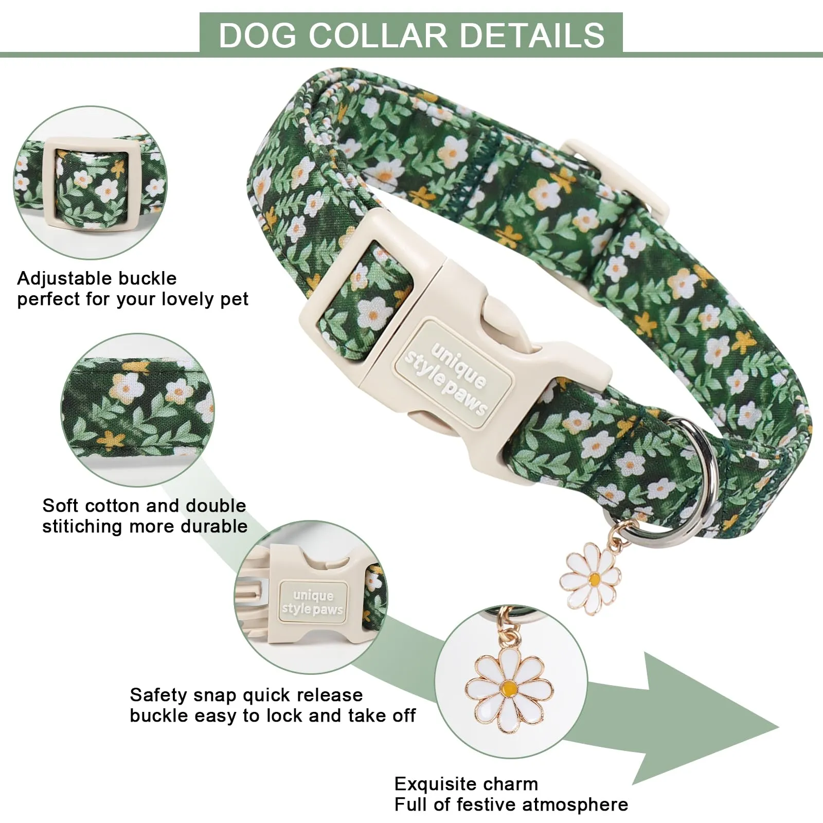 Unique Style Paws Collare per cani in cotone con fiori con ciondolo a forma di fiore, collare per cani regolabile con sgancio rapido e robusto anello a D per cani di taglia piccola, media e grande - immagine 3