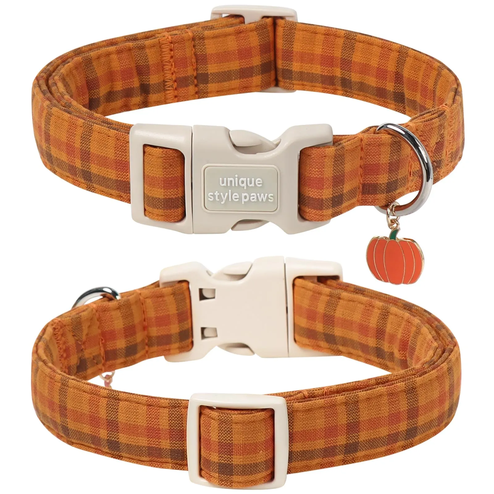 Unique Style Paws Collare autunnale in cotone per cani, regolabile con ciondolo a forma di zucca, sgancio rapido, robusto anello a D, collare per cani a quadretti per cani di taglia piccola - immagine 2