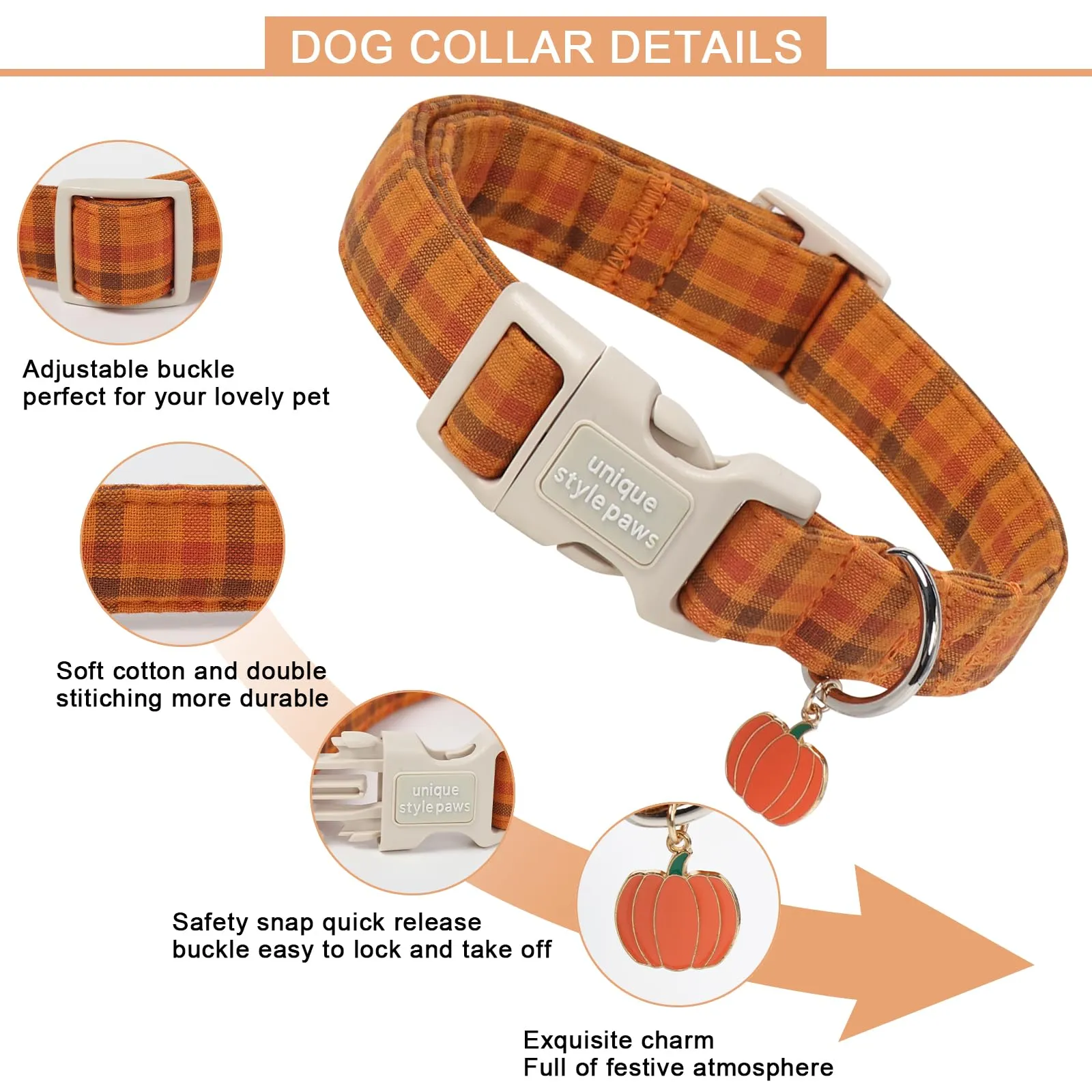 Unique Style Paws Collare autunnale in cotone per cani, regolabile con ciondolo a forma di zucca, sgancio rapido, robusto anello a D, collare per cani a quadretti per cani di taglia piccola - immagine 3