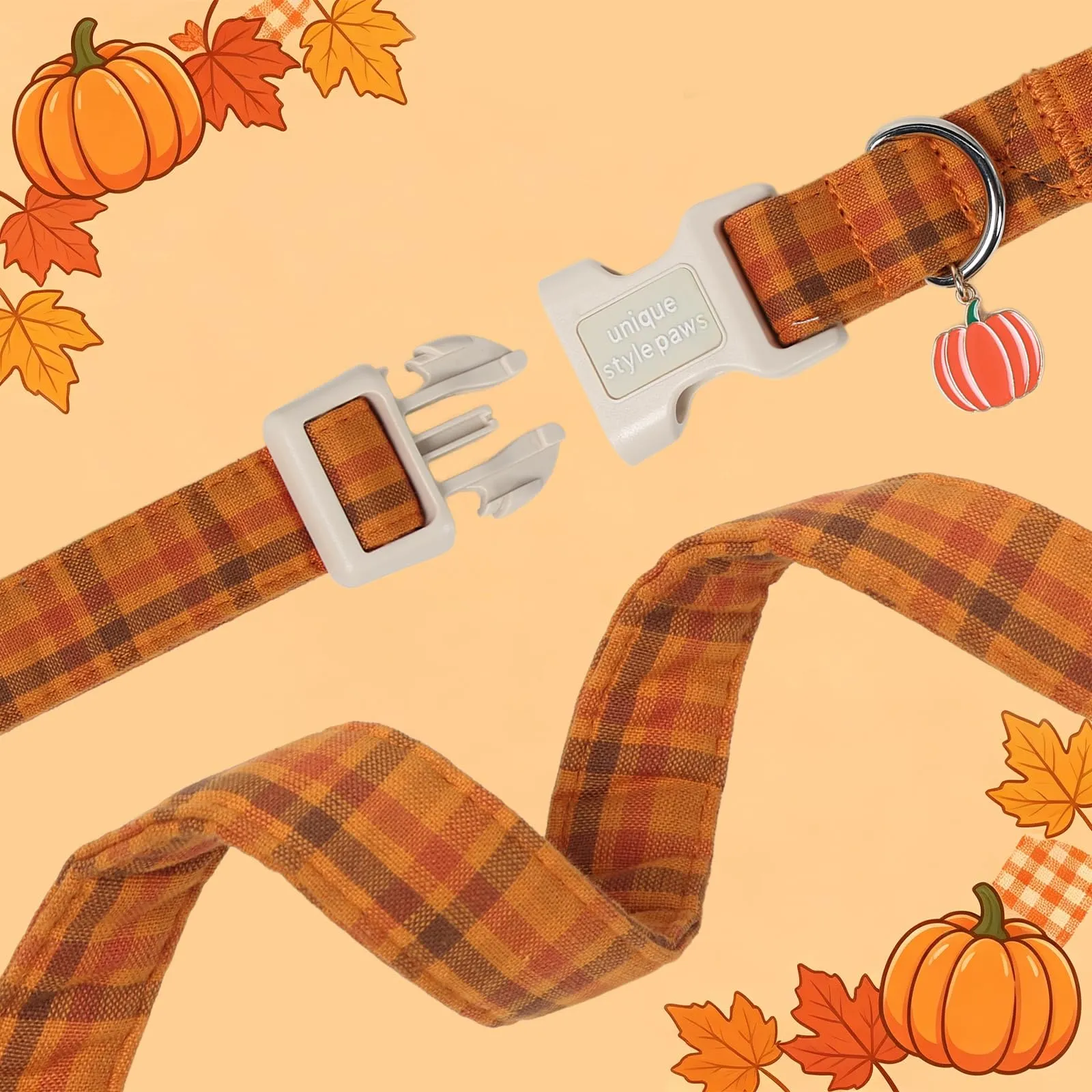 Unique Style Paws Collare autunnale in cotone per cani, regolabile con ciondolo a forma di zucca, sgancio rapido, robusto anello a D, collare per cani a quadretti per cani di taglia piccola - immagine 4