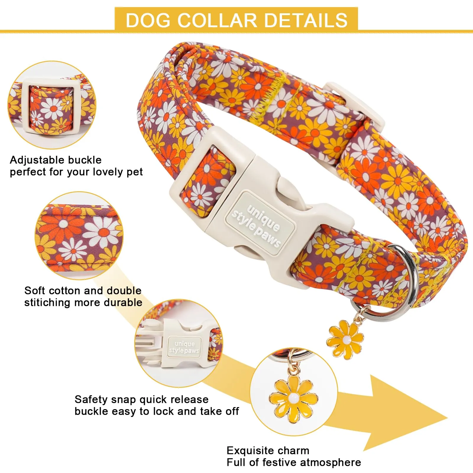 Unique Style Paws Collare per cani in cotone con ciondolo a fiore, collare regolabile per cani con sgancio rapido e robusto anello a D, motivo floreale arancione per cani di taglia piccola - immagine 3