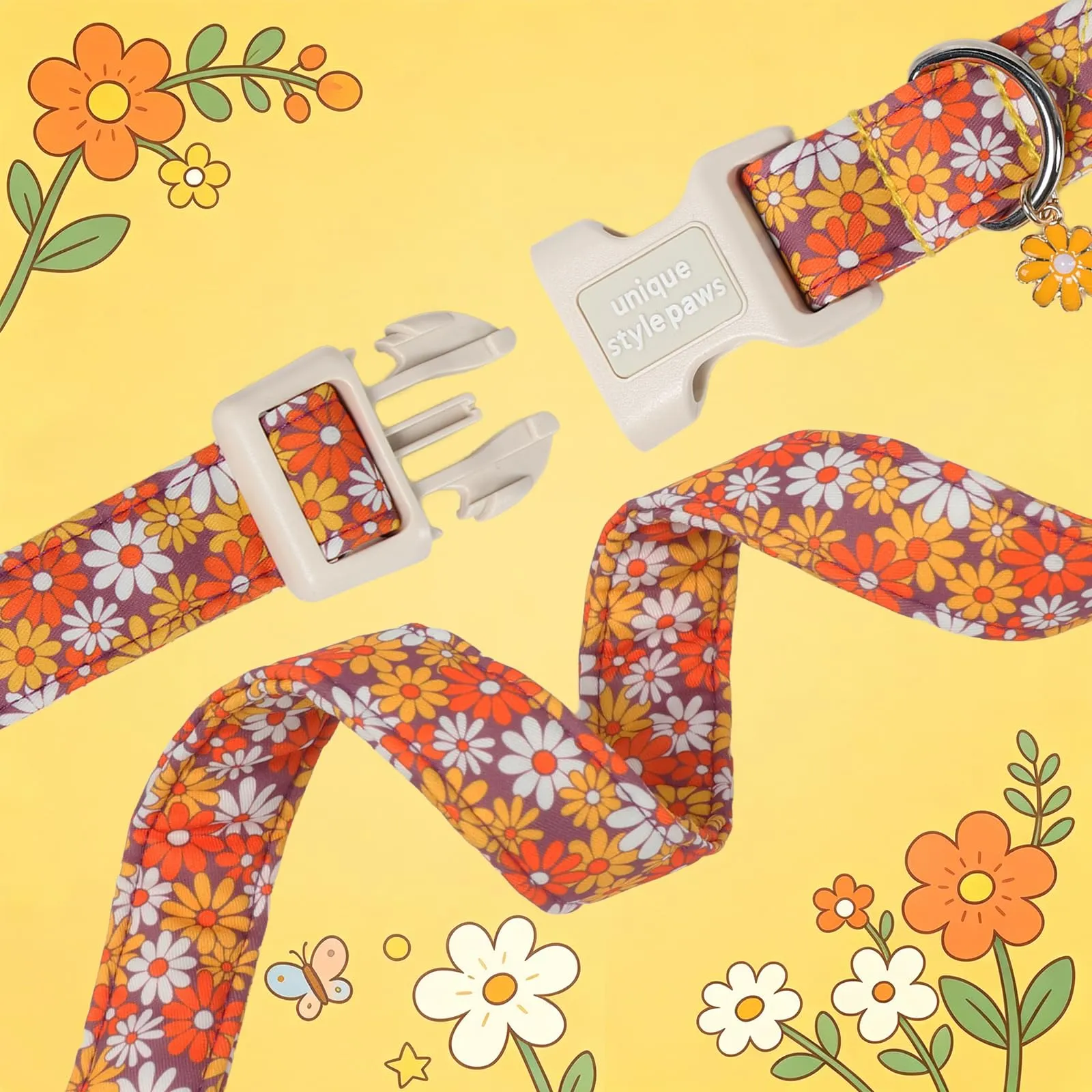 Unique Style Paws Collare per cani in cotone con ciondolo a fiore, collare regolabile per cani con sgancio rapido e robusto anello a D, motivo floreale arancione per cani di taglia piccola - immagine 4