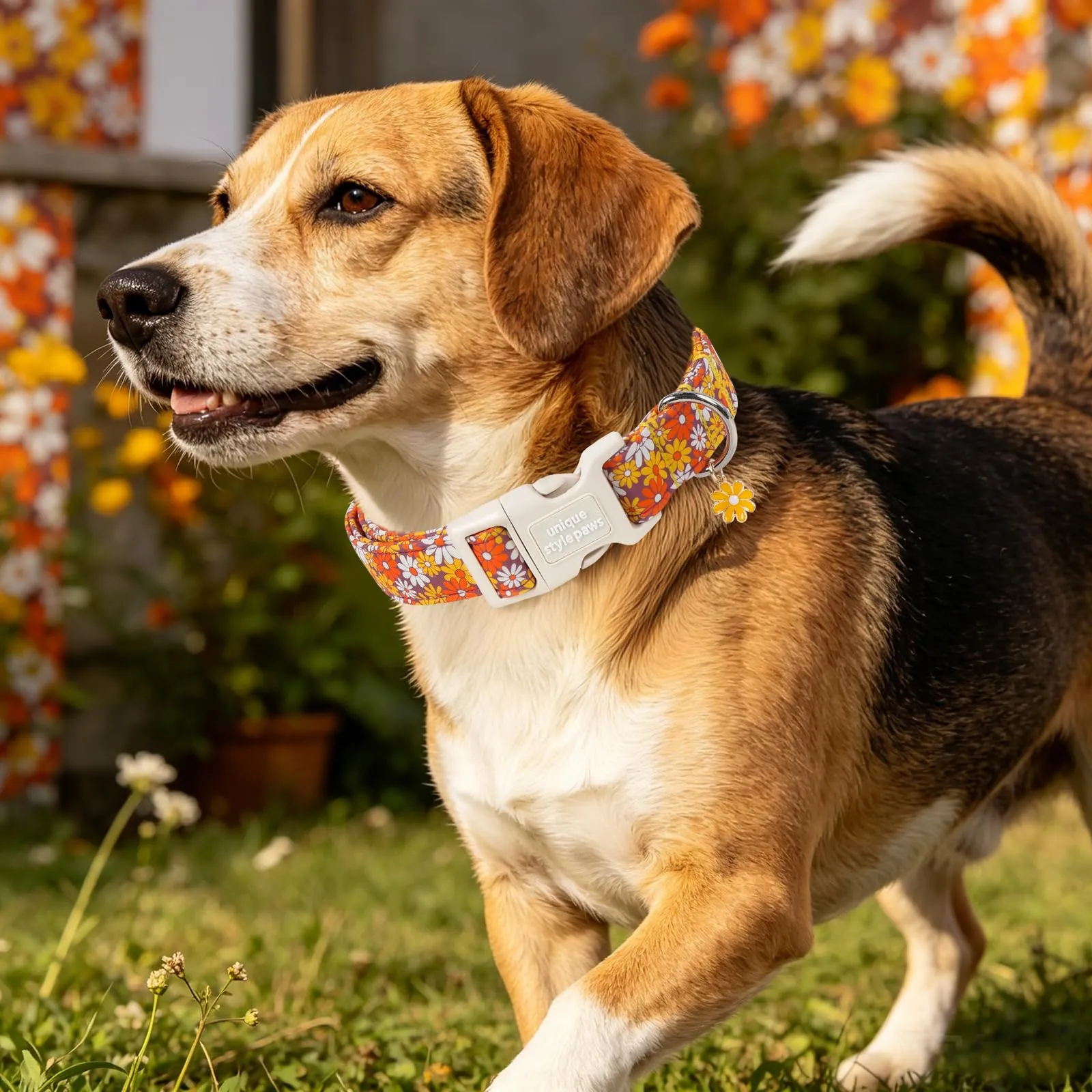 Unique Style Paws Collare per cani in cotone con ciondolo a fiore, collare regolabile per cani con sgancio rapido e robusto anello a D, motivo floreale arancione per cani di taglia piccola - immagine 6