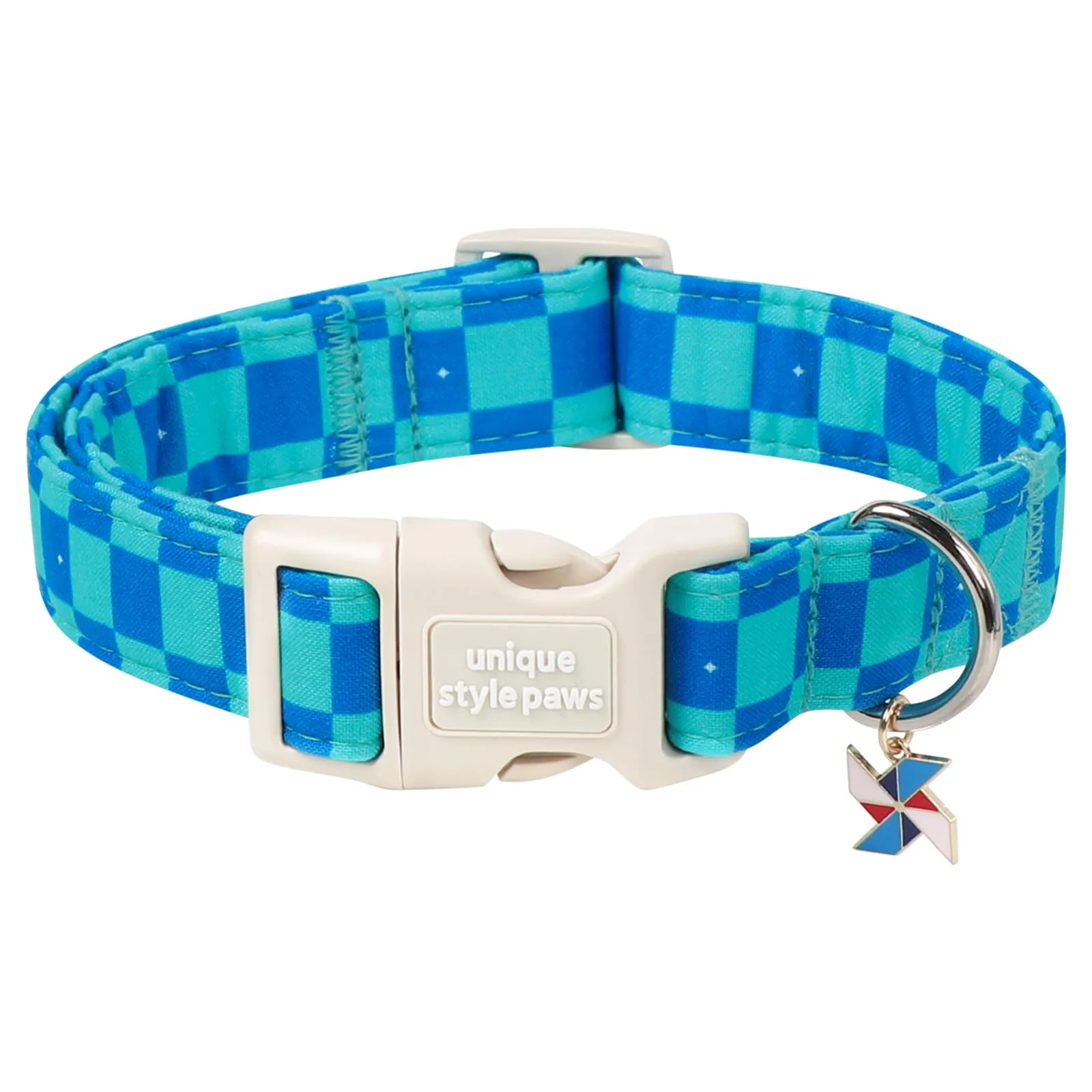 Unique Style Paws Collare per cani in cotone a quadri con ciondolo a forma di mulino a vento, collare regolabile con sgancio rapido e robusto anello a D, blu menta per cani di taglia piccola - immagine 1