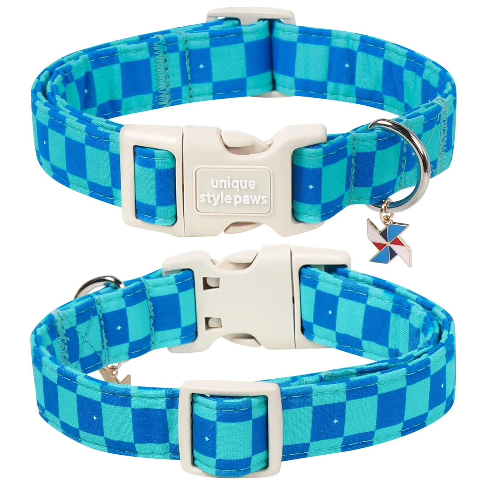 Unique Style Paws Collare per cani in cotone a quadri con ciondolo a forma di mulino a vento, collare regolabile con sgancio rapido e robusto anello a D, blu menta per cani di taglia piccola - immagine 2