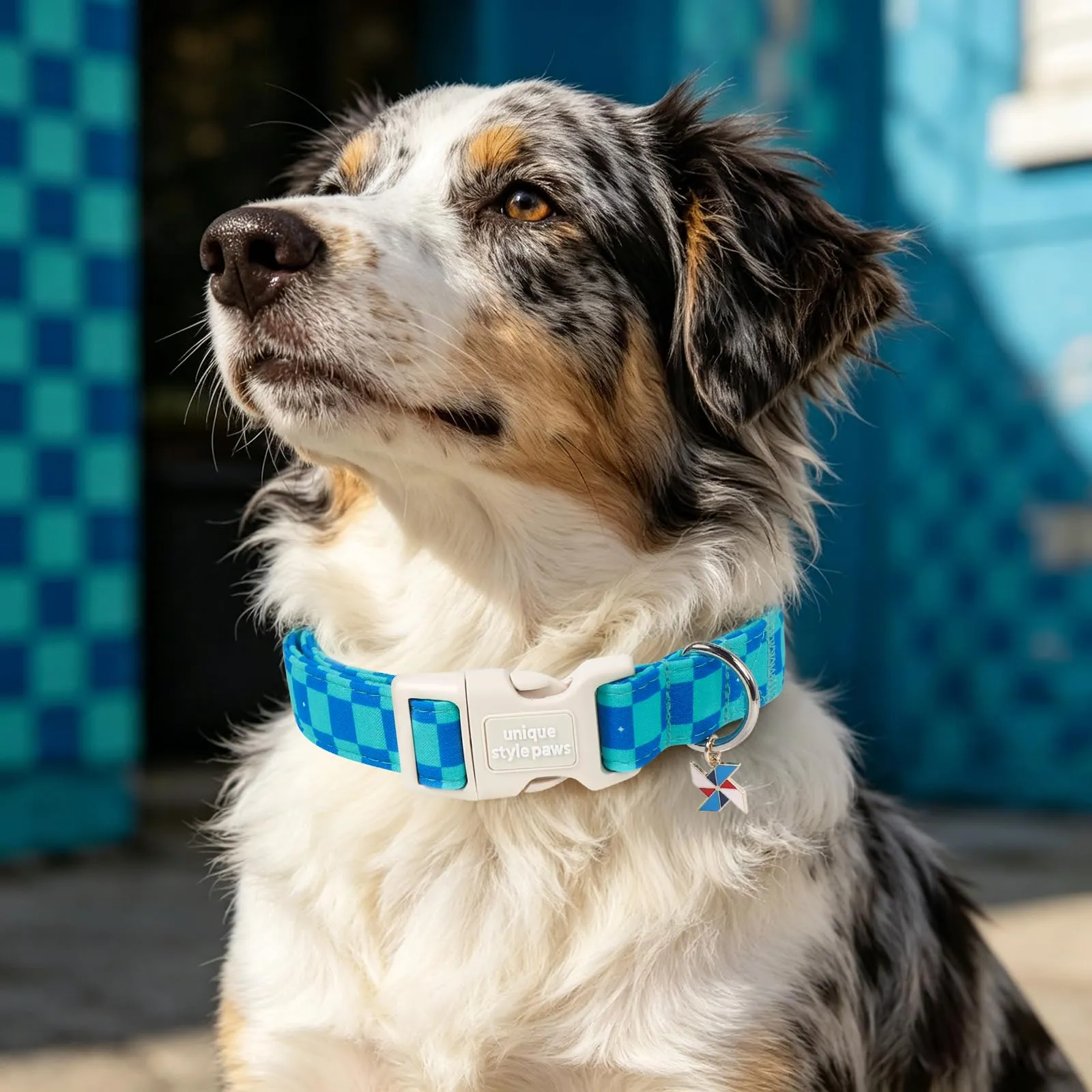 Unique Style Paws Collare per cani in cotone a quadri con ciondolo a forma di mulino a vento, collare regolabile con sgancio rapido e robusto anello a D, blu menta per cani di taglia piccola - immagine 5