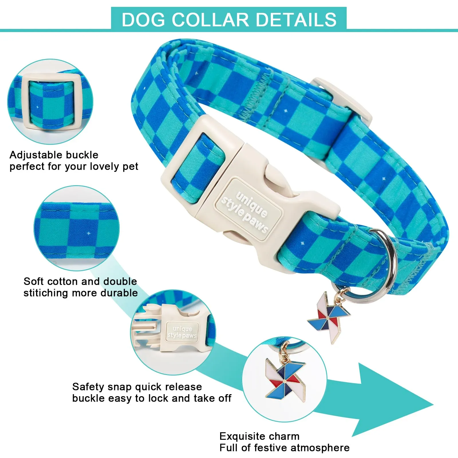 Unique Style Paws Collare per cani in cotone a quadri con ciondolo a forma di mulino a vento, collare regolabile con sgancio rapido e robusto anello a D, blu menta per cani di taglia piccola - immagine 3