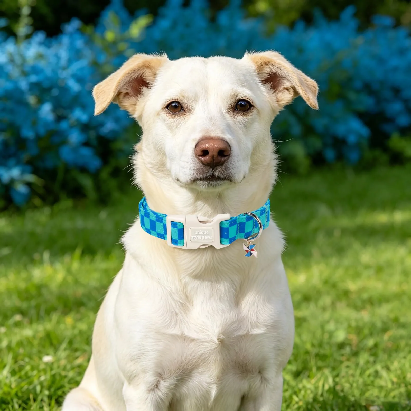 Unique Style Paws Collare per cani in cotone a quadri con ciondolo a forma di mulino a vento, collare regolabile con sgancio rapido e robusto anello a D, blu menta per cani di taglia piccola - immagine 6