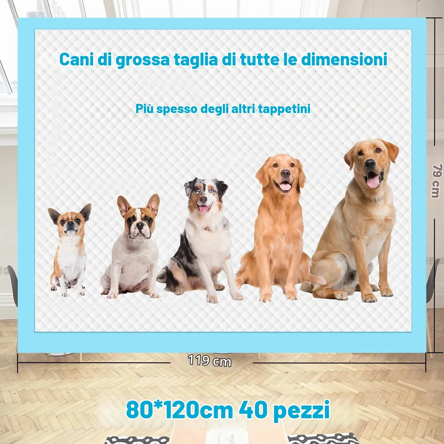 40 Pezzi Grande Tappetino Assorbente per Cani, 80x120cm Alese Usa e Getta, Alèse Pipi Tappetino Educativo per Cani di Taglia Grande, Tappetino Igienico per l'Apprendimento della Pulizia (40 Pezzi - immagine 2