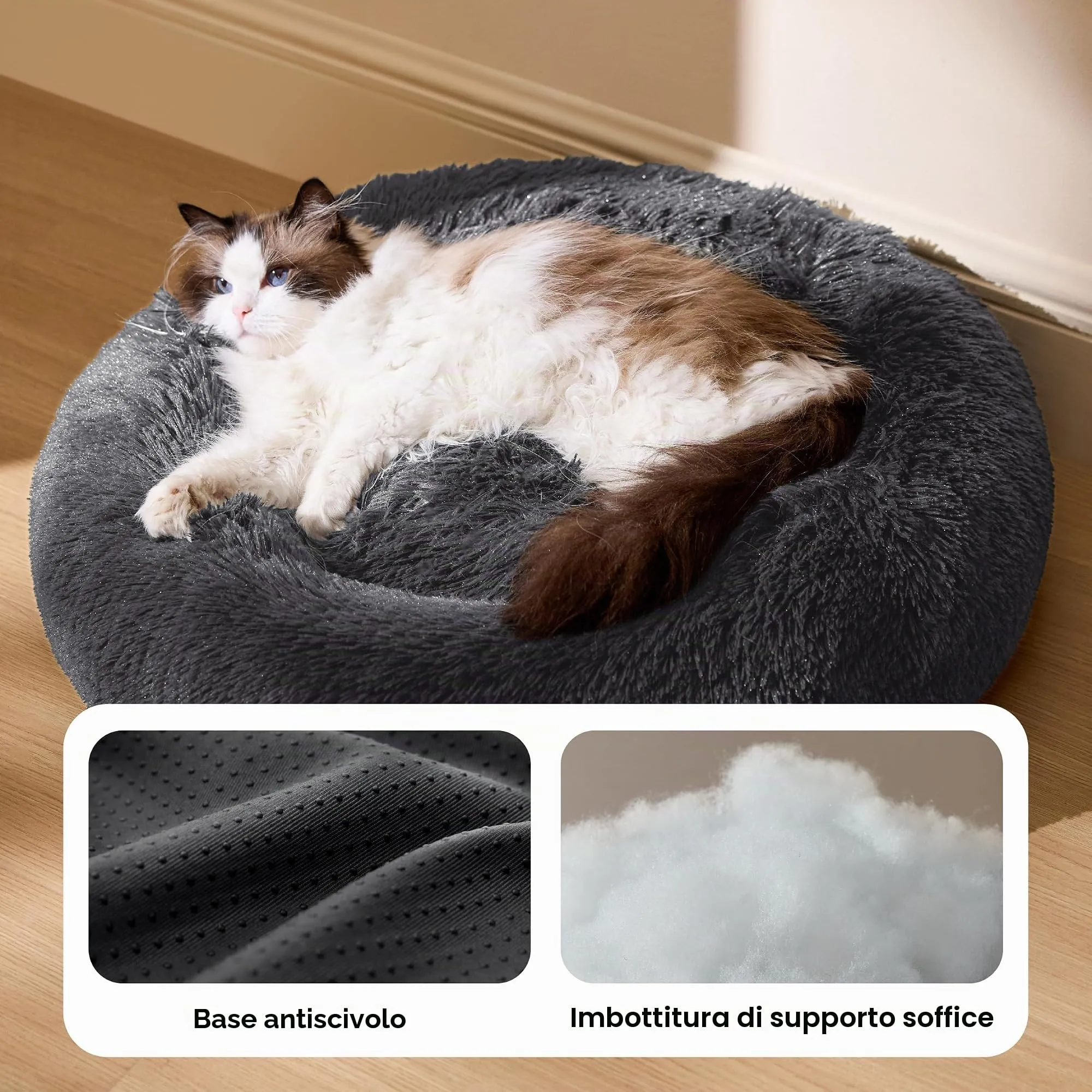 Bedsure Cuccia Gatto Morbida 50x50cm - Cuccia Pelosa per Cani Colore Grigio Scuro, Cuscino Gatto Antistresss con Peluche Lavabile, Lettino Calmante per Gatti - immagine 3