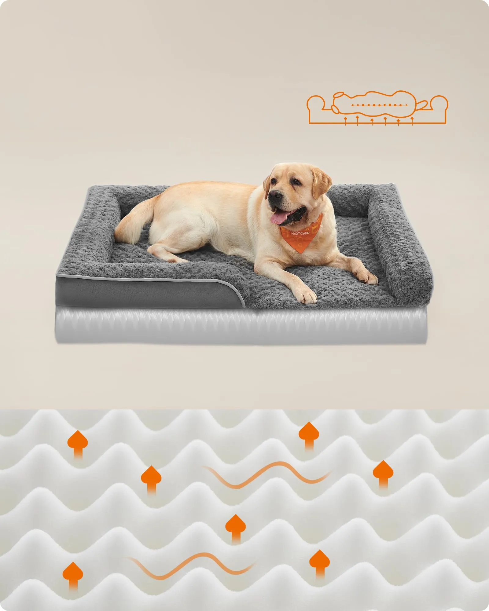 Feandrea Cuccia Cane Interno, Cuccia per Cani, Lettino per Animali, Ortopedico con Gommapiuma Ondulata, Bordi Rialzati, Copertura di Peluche Sfoderabile,122 x 89 x 18 cm, Grigio Ardesia PGW254G02 - immagine 3