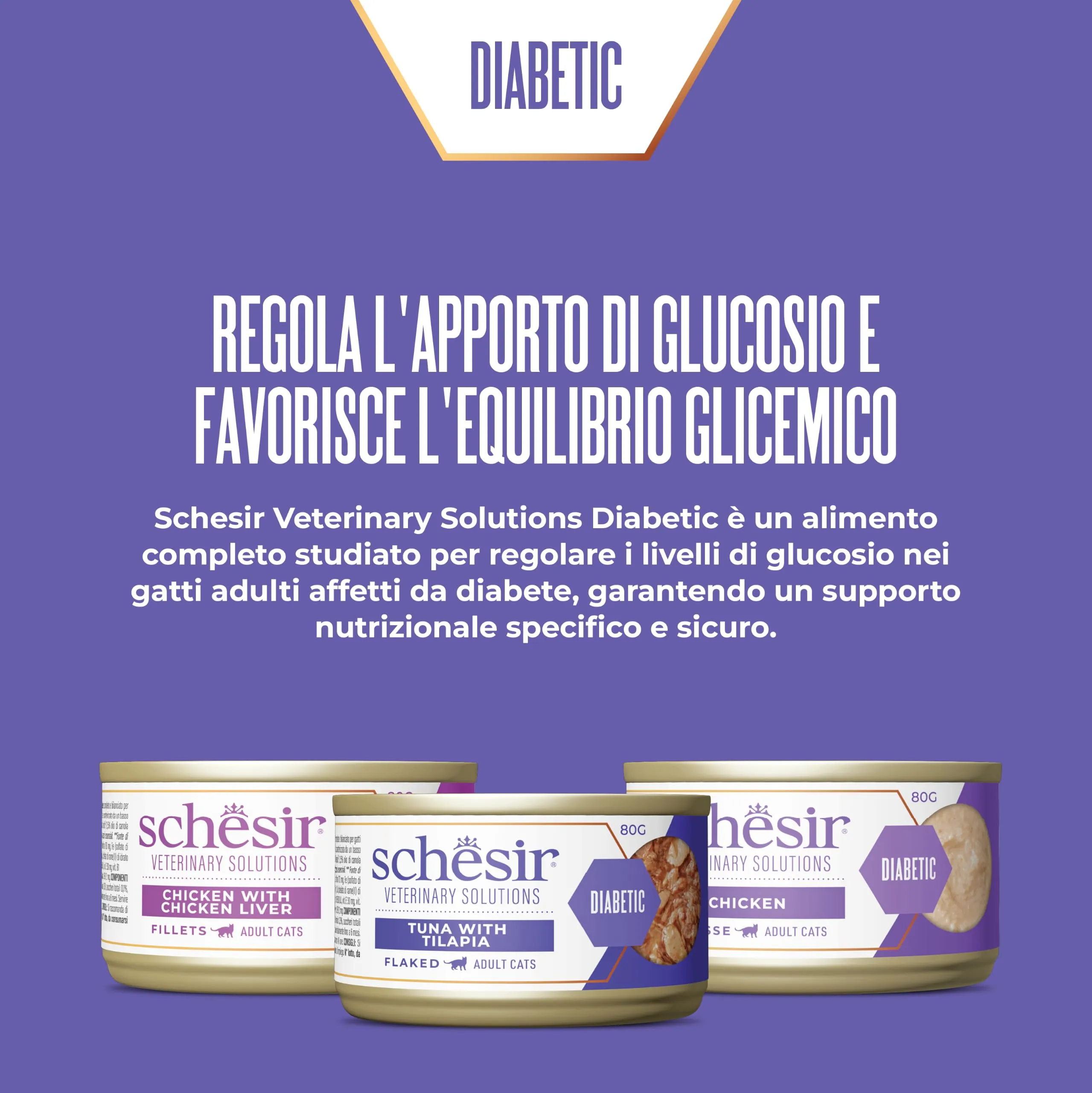 Schesir Veterinary Solutions Diabetic, Mousse al Pollo, Alimento Umido Dietetico per Gatti Adulti, Regolazione Apporto di Glucosio, 8 x 80 g - immagine 2