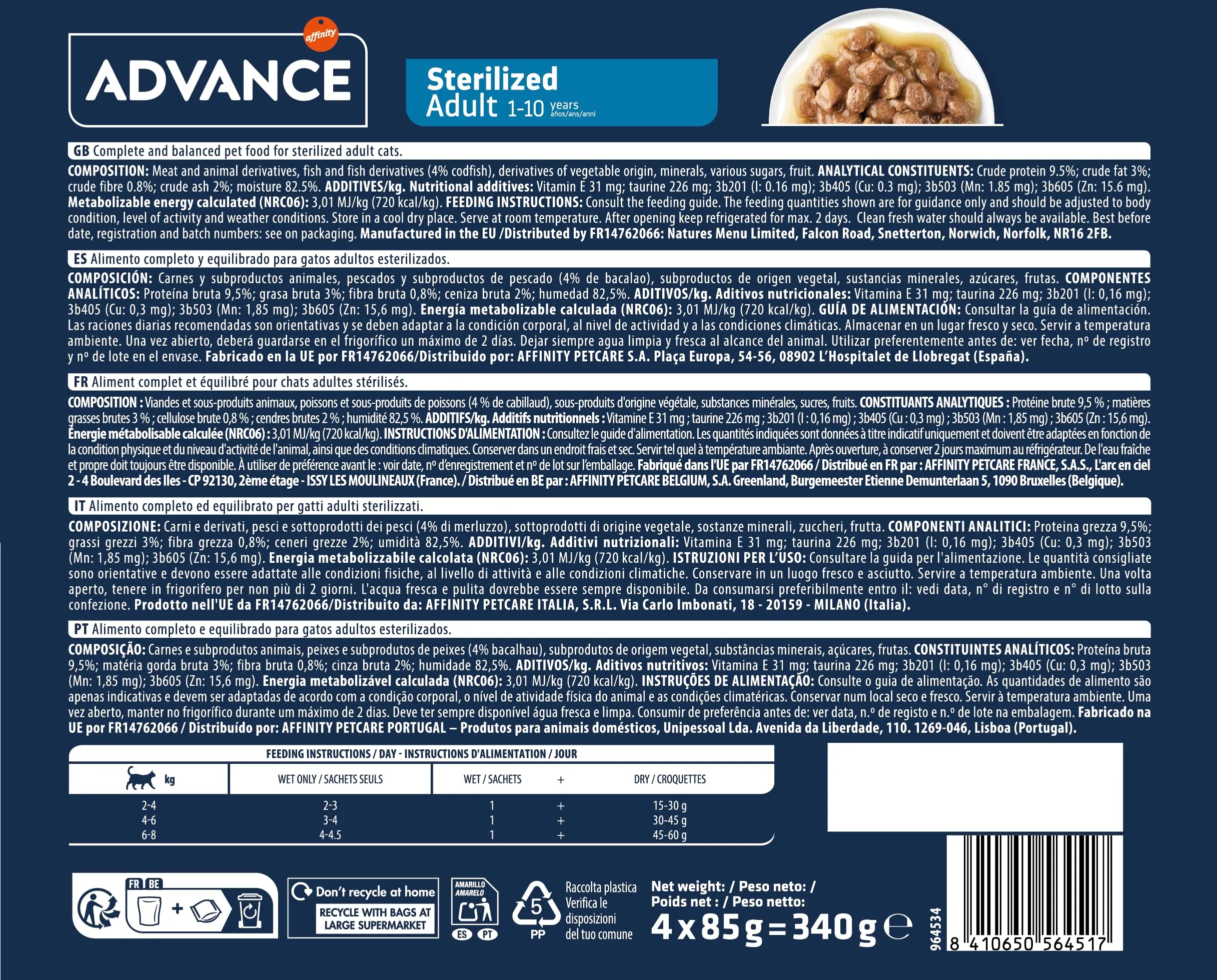 Advance Cibo Umido per Gatti Adulti Sterilizzati con Merluzzo 13 Flowpacks da 4x85g - immagine 4