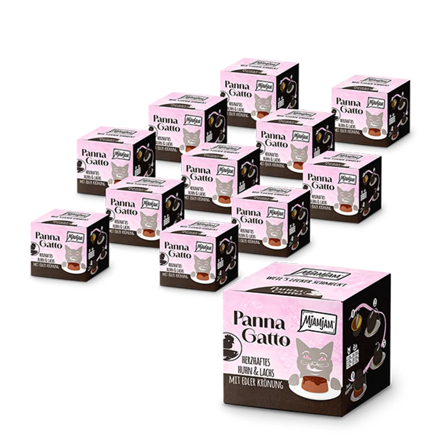 MjAMjAM - Cibo umido Premium per gatti - Panna Gatto - Pollo e salmone saporiti con raffinata guarnizione, 1 confezione (2x80g), senza cereali - immagine 1