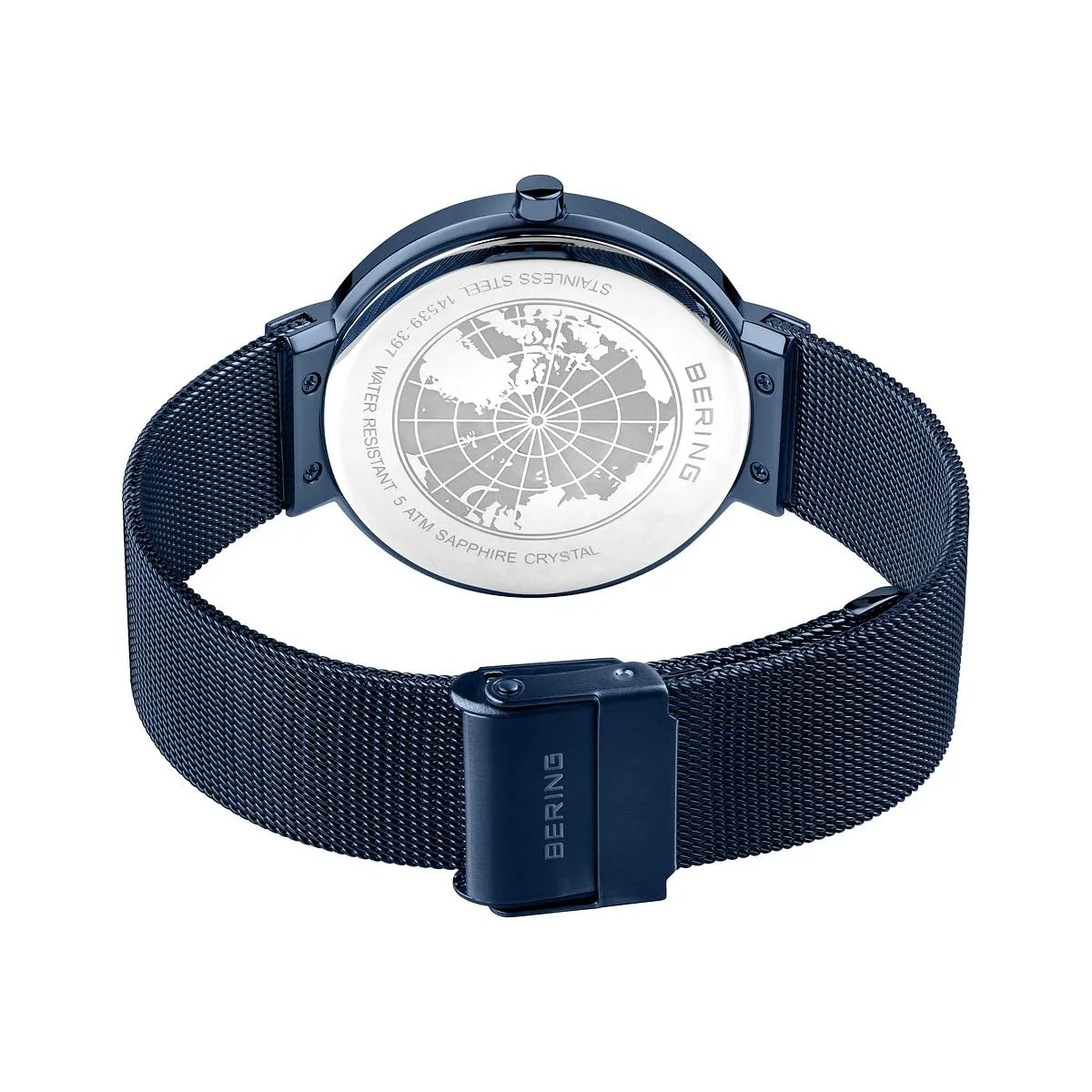 BERING 14539-397 Orologio da polso unisex al quarzo, cassa in acciaio inossidabile blu da 39 mm e quadrante blu, cinturino in maglia milanese, vetro zaffiro, 5 ATM - immagine 4