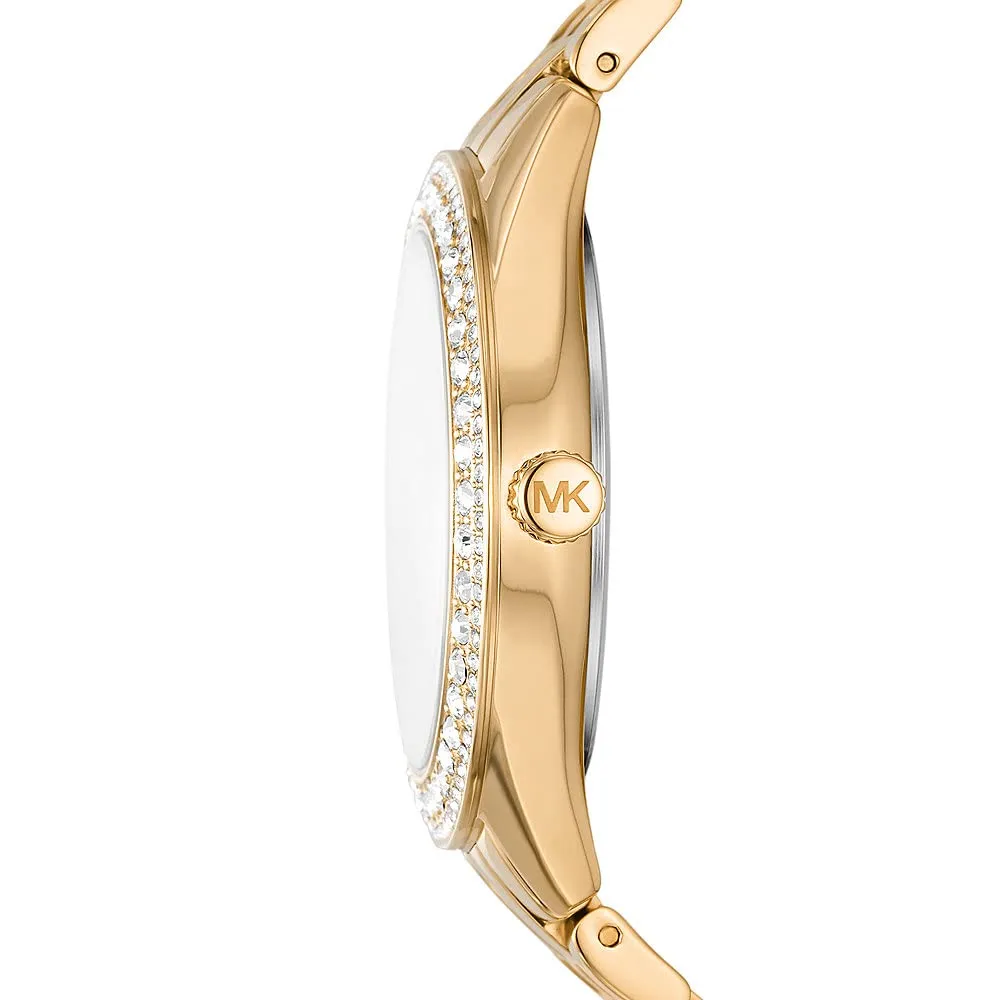 Michael Kors Orologio Harlowe da donna, movimento al quarzo a tre lancette con cinturino in acciaio o in pelle, 38 mm, Tono oro e glitter - immagine 4