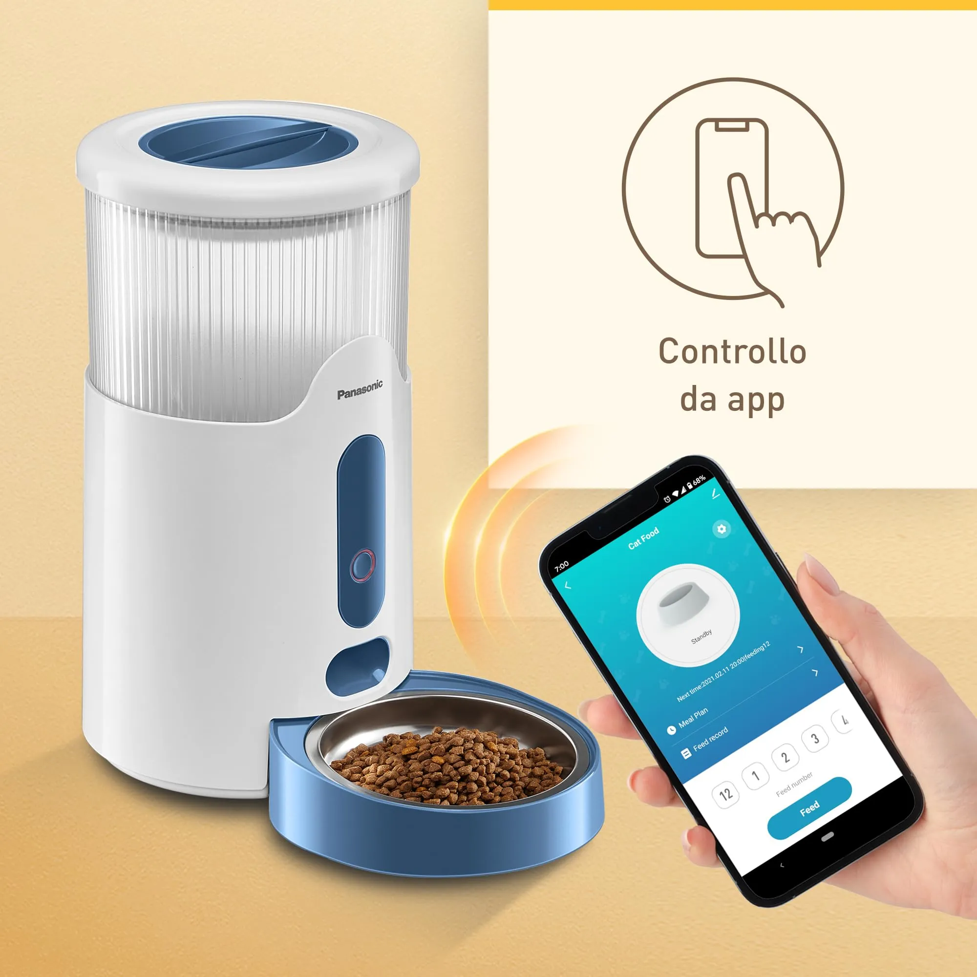 Panasonic CP-JNF01-W Dosatore di Cibo Smart per Animali, Mangiatoia Automatica per Gatti e Cani di Taglia Medio-Piccola, Capacità 2,8L, App Telecomando, Monitoraggio Livello Cibo, Wi-Fi, Bianco - immagine 2