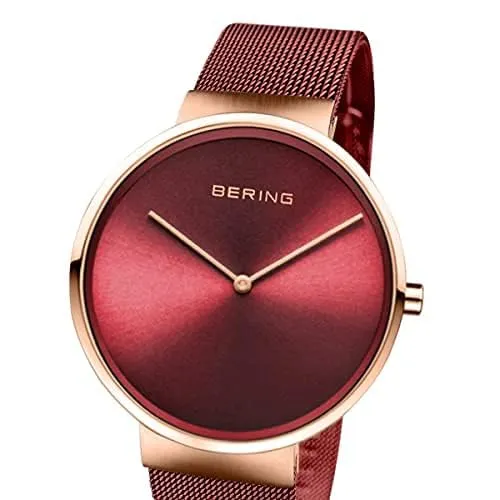 BERING 14539-363 Orologio da donna al quarzo, orologio da polso con cassa in acciaio inossidabile color oro rosa da 39 mm e quadrante rosso, cinturino in maglia milanese, vetro zaffiro, 5 ATM - immagine 2