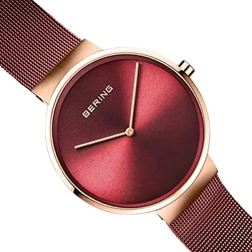 BERING 14539-363 Orologio da donna al quarzo, orologio da polso con cassa in acciaio inossidabile color oro rosa da 39 mm e quadrante rosso, cinturino in maglia milanese, vetro zaffiro, 5 ATM - immagine 3
