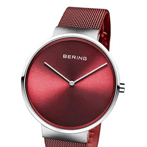 BERING 14539-303 Orologio da donna al quarzo, orologio da polso con cassa in acciaio inossidabile color argento da 39 mm e quadrante rosso, cinturino in maglia milanese, vetro zaffiro, 5 ATM - immagine 2