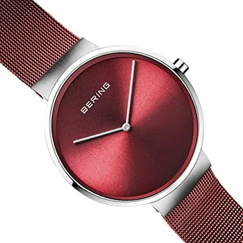 BERING 14539-303 Orologio da donna al quarzo, orologio da polso con cassa in acciaio inossidabile color argento da 39 mm e quadrante rosso, cinturino in maglia milanese, vetro zaffiro, 5 ATM - immagine 3
