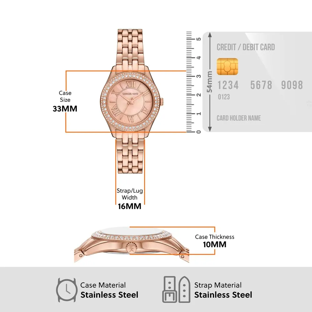 Michael Kors Orologio Harlowe da donna, movimento al quarzo a tre lancette con cinturino in acciaio o in pelle, 33 mm, Oro metallizzato - immagine 4