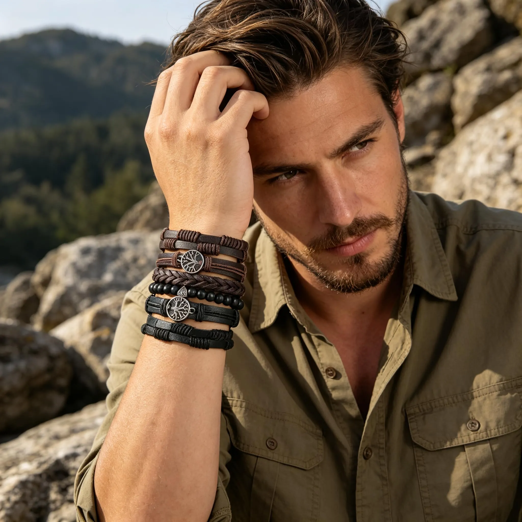 HZMAN Bracciale in vera pelle con albero della vita per uomo e donna, occhio di tigre, pietra lavica naturale, perle etniche, tribali, elastici, One Size, Acciaio inossidabile - immagine 2