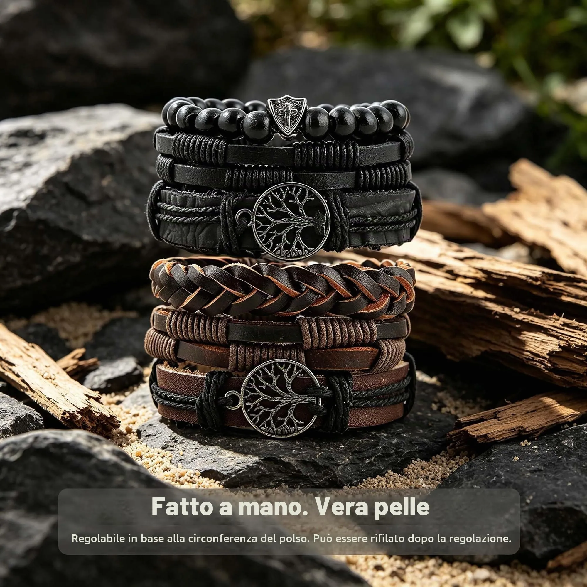 HZMAN Bracciale in vera pelle con albero della vita per uomo e donna, occhio di tigre, pietra lavica naturale, perle etniche, tribali, elastici, One Size, Acciaio inossidabile - immagine 4