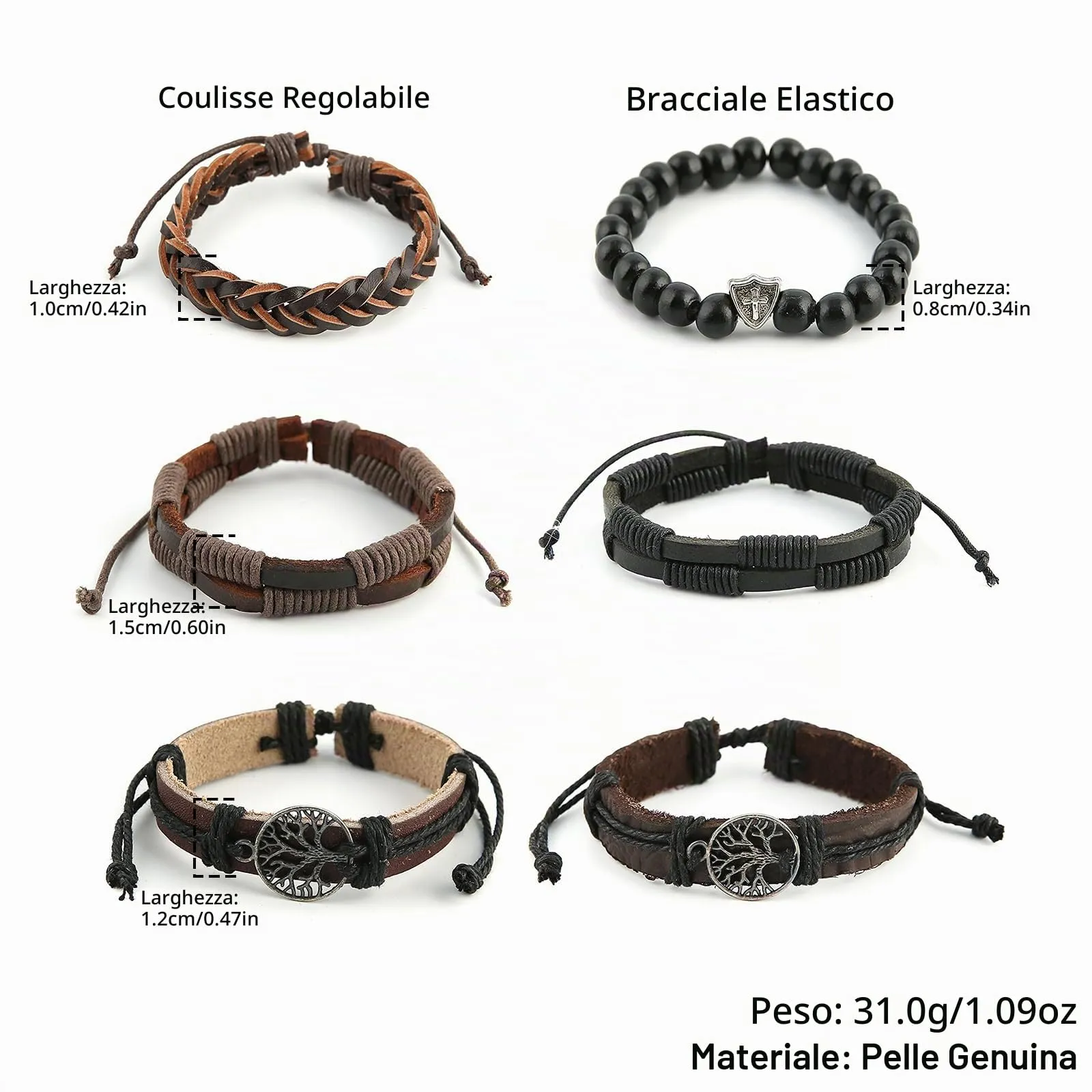 HZMAN Bracciale in vera pelle con albero della vita per uomo e donna, occhio di tigre, pietra lavica naturale, perle etniche, tribali, elastici, One Size, Acciaio inossidabile - immagine 6