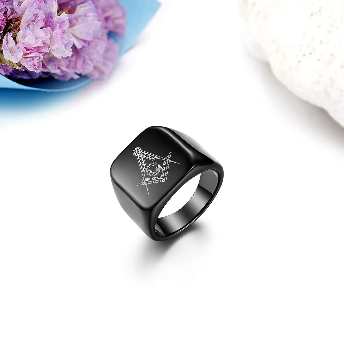 JewelryWe Anello da Uomo Grande con Simbolo Gemelli a Perno Massoneria Anello per Matrimonio, in Acciaio Inossidabile Colore Nero, Regalo - immagine 3