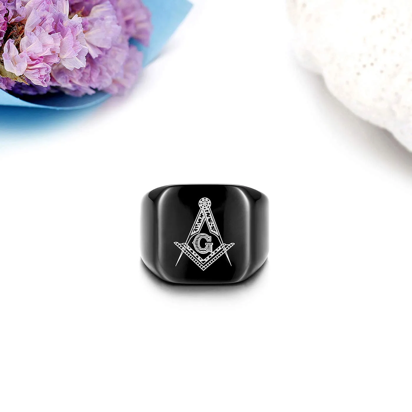 JewelryWe Anello da Uomo Grande con Simbolo Gemelli a Perno Massoneria Anello per Matrimonio, in Acciaio Inossidabile Colore Nero, Regalo - immagine 4