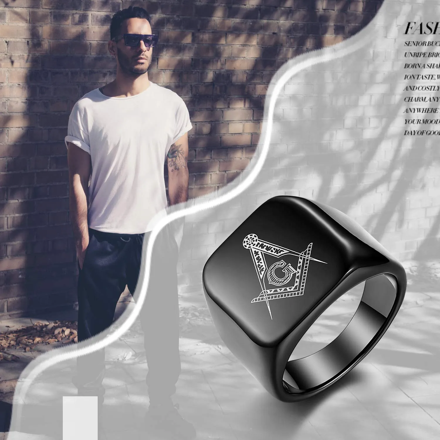 JewelryWe Anello da Uomo Grande con Simbolo Gemelli a Perno Massoneria Anello per Matrimonio, in Acciaio Inossidabile Colore Nero, Regalo - immagine 6