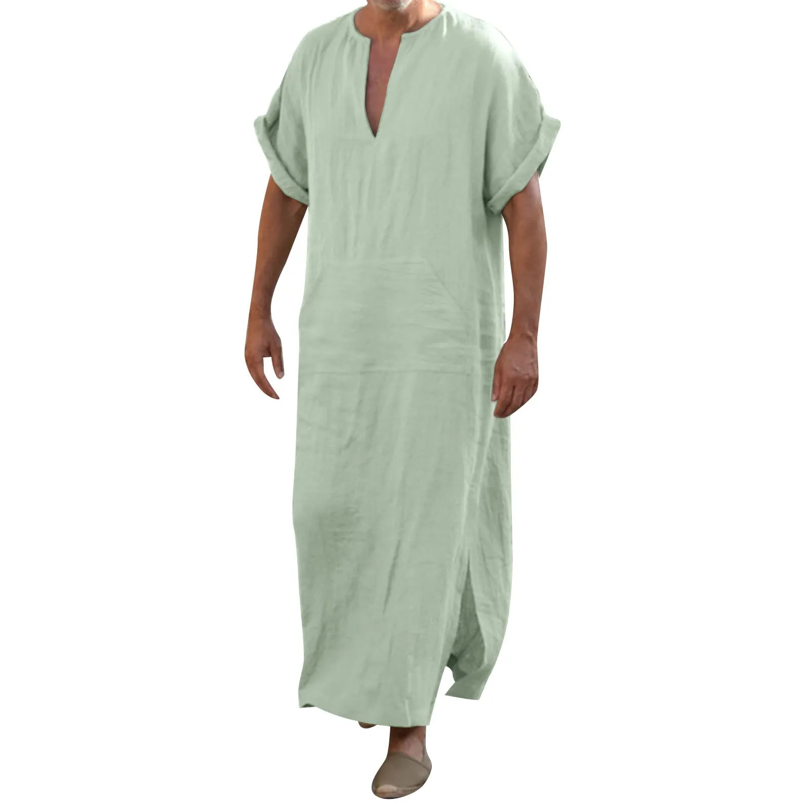BOTCAM Camicia da notte da uomo, a maniche corte, caftano, da uomo, in cotone, lino, con scollo a V, con tasche, comoda e traspirante, thobe sciolto, caftano, da uomo, lungo lato, verde, XXXL - immagine 1