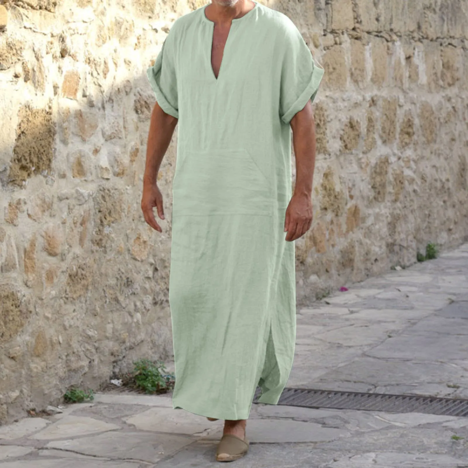 BOTCAM Camicia da notte da uomo, a maniche corte, caftano, da uomo, in cotone, lino, con scollo a V, con tasche, comoda e traspirante, thobe sciolto, caftano, da uomo, lungo lato, verde, XXXL - immagine 2
