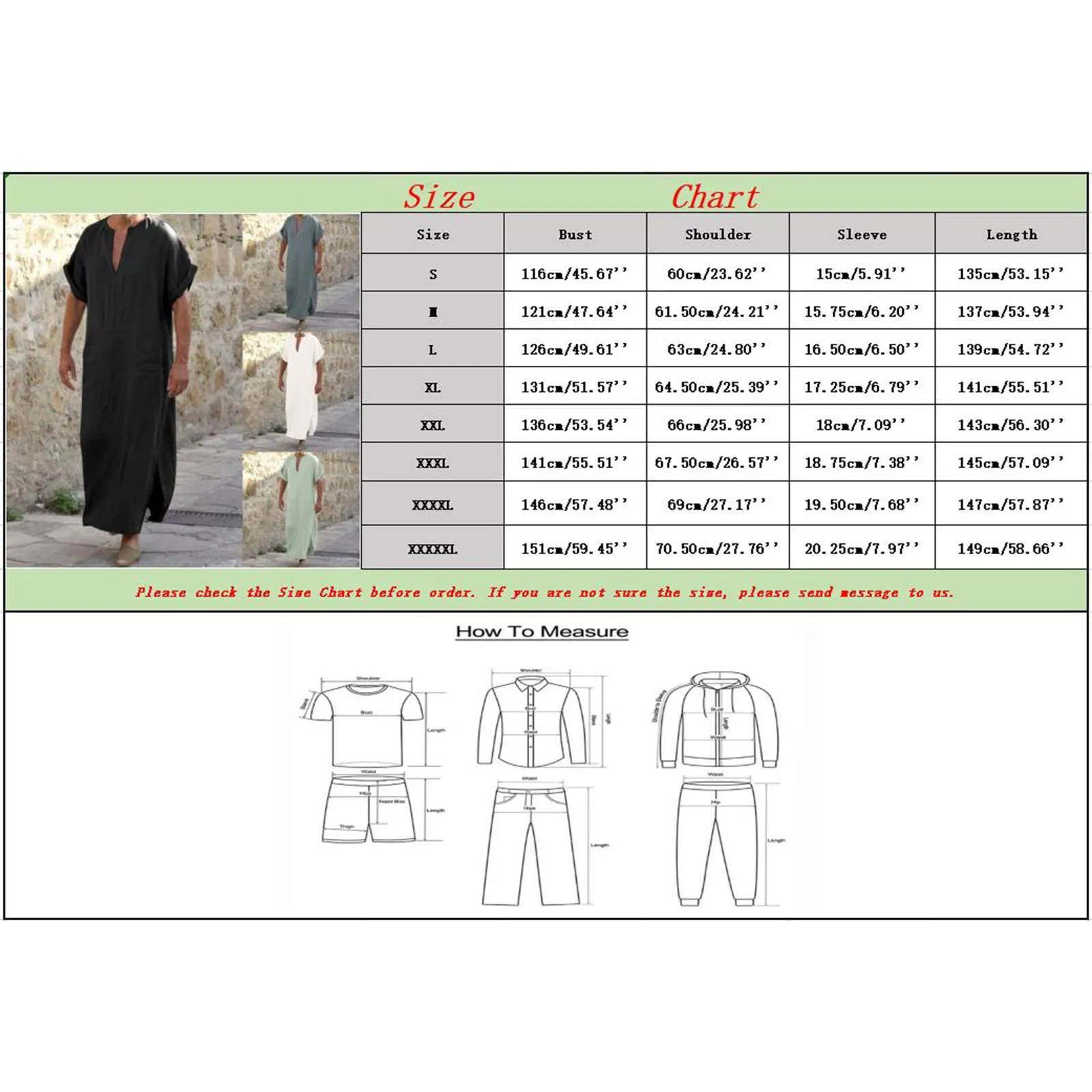 BOTCAM Camicia da notte da uomo, a maniche corte, caftano, da uomo, in cotone, lino, con scollo a V, con tasche, comoda e traspirante, thobe sciolto, caftano, da uomo, lungo lato, verde, XXXL - immagine 3