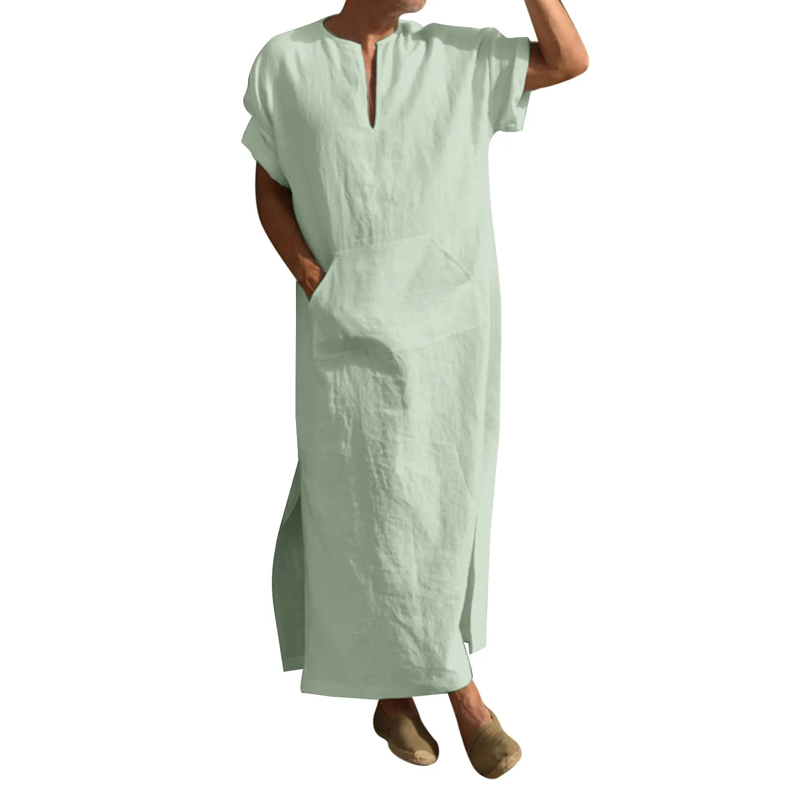 BOTCAM Camicia da notte da uomo, a maniche corte, caftano, da uomo, in cotone, lino, con scollo a V, con tasche, comoda e traspirante, thobe sciolto, caftano, da uomo, lungo lato, verde, XXXL - immagine 4