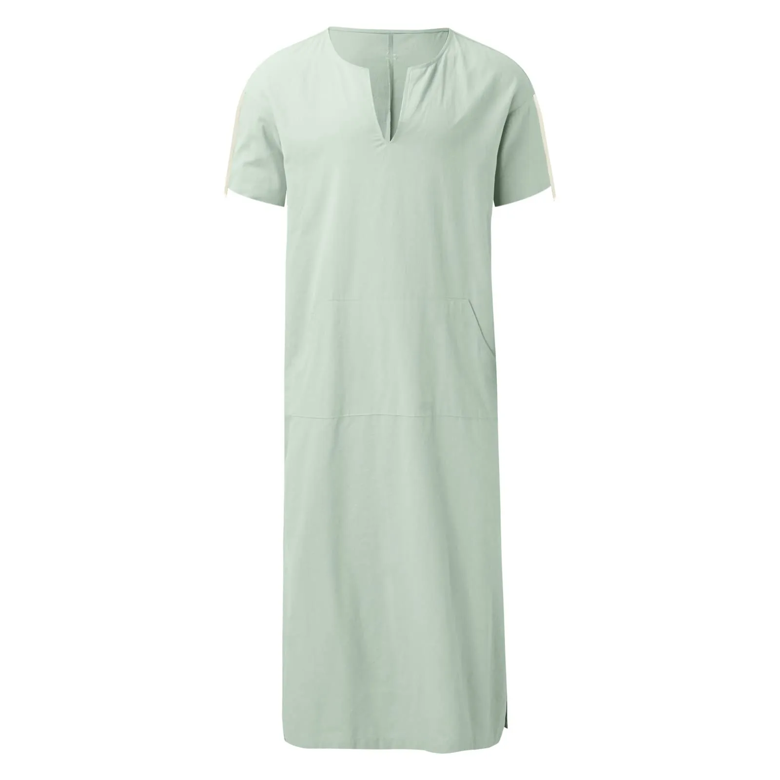 BOTCAM Camicia da notte da uomo, a maniche corte, caftano, da uomo, in cotone, lino, con scollo a V, con tasche, comoda e traspirante, thobe sciolto, caftano, da uomo, lungo lato, verde, XXXL - immagine 5