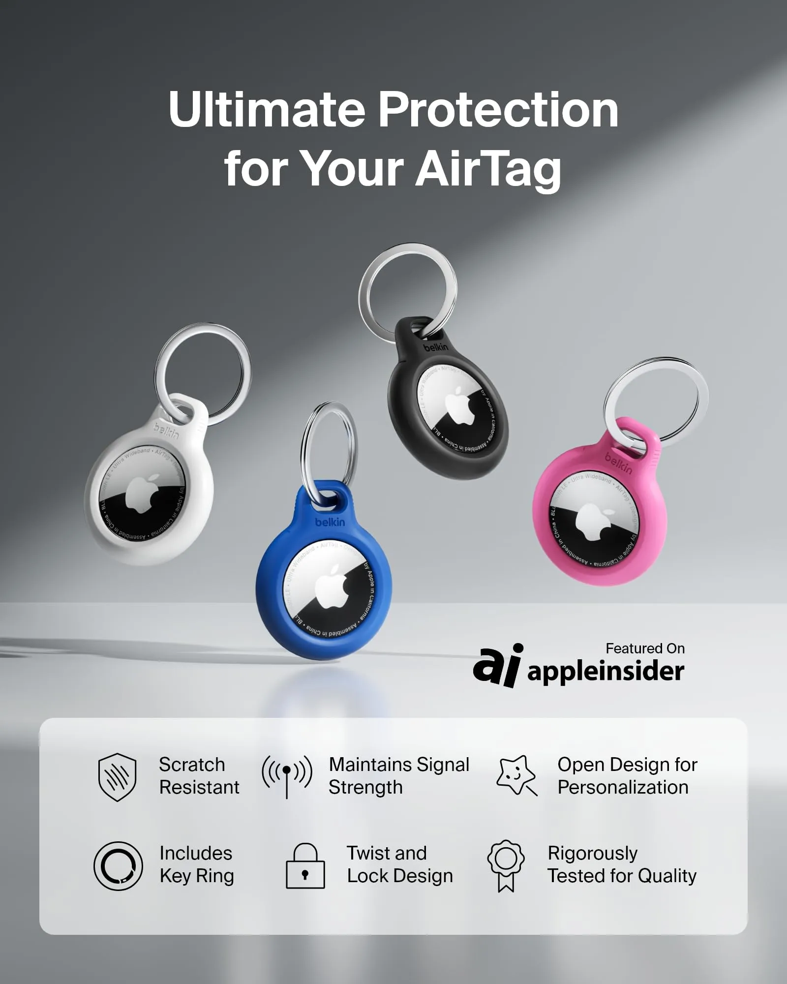 Belkin Portachiavi per Apple AirTag (2 pezzi), Custodia con Anello Porta per AirTag, Antigraffio, Design Aperto, Bordi Rialzati per Uso con Chiavi, Animali Domestici, Bagagli, Nero e Bianco - immagine 2