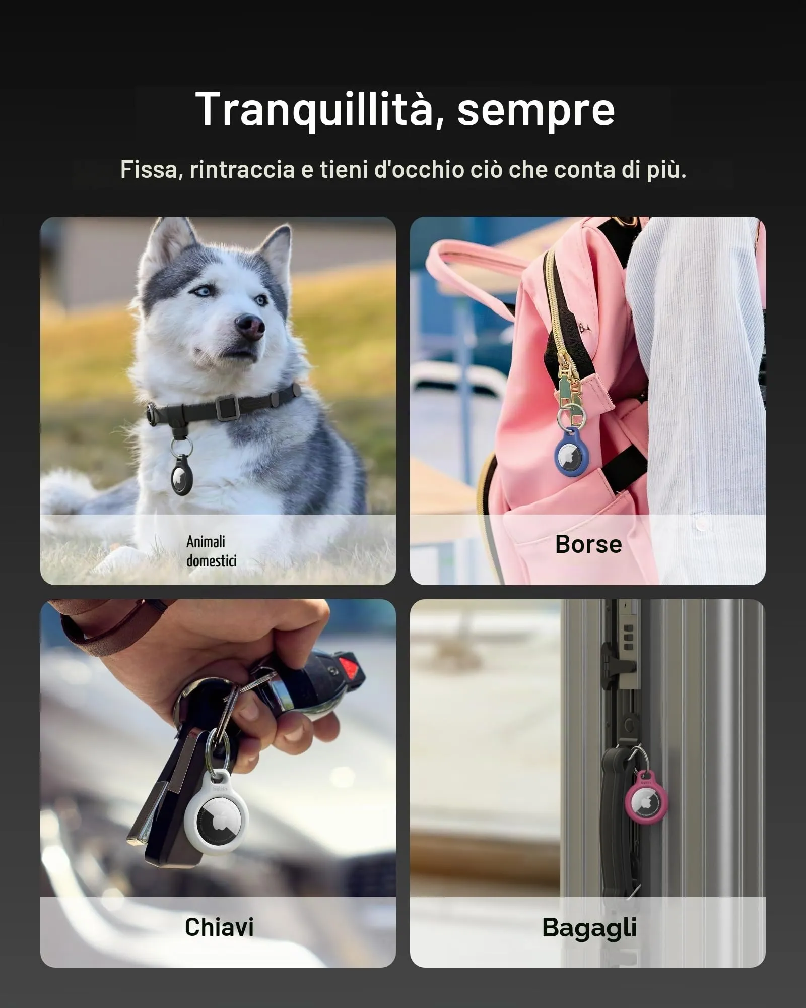 Belkin Portachiavi per Apple AirTag (2 pezzi), Custodia con Anello Porta per AirTag, Antigraffio, Design Aperto, Bordi Rialzati per Uso con Chiavi, Animali Domestici, Bagagli, Nero e Bianco - immagine 3