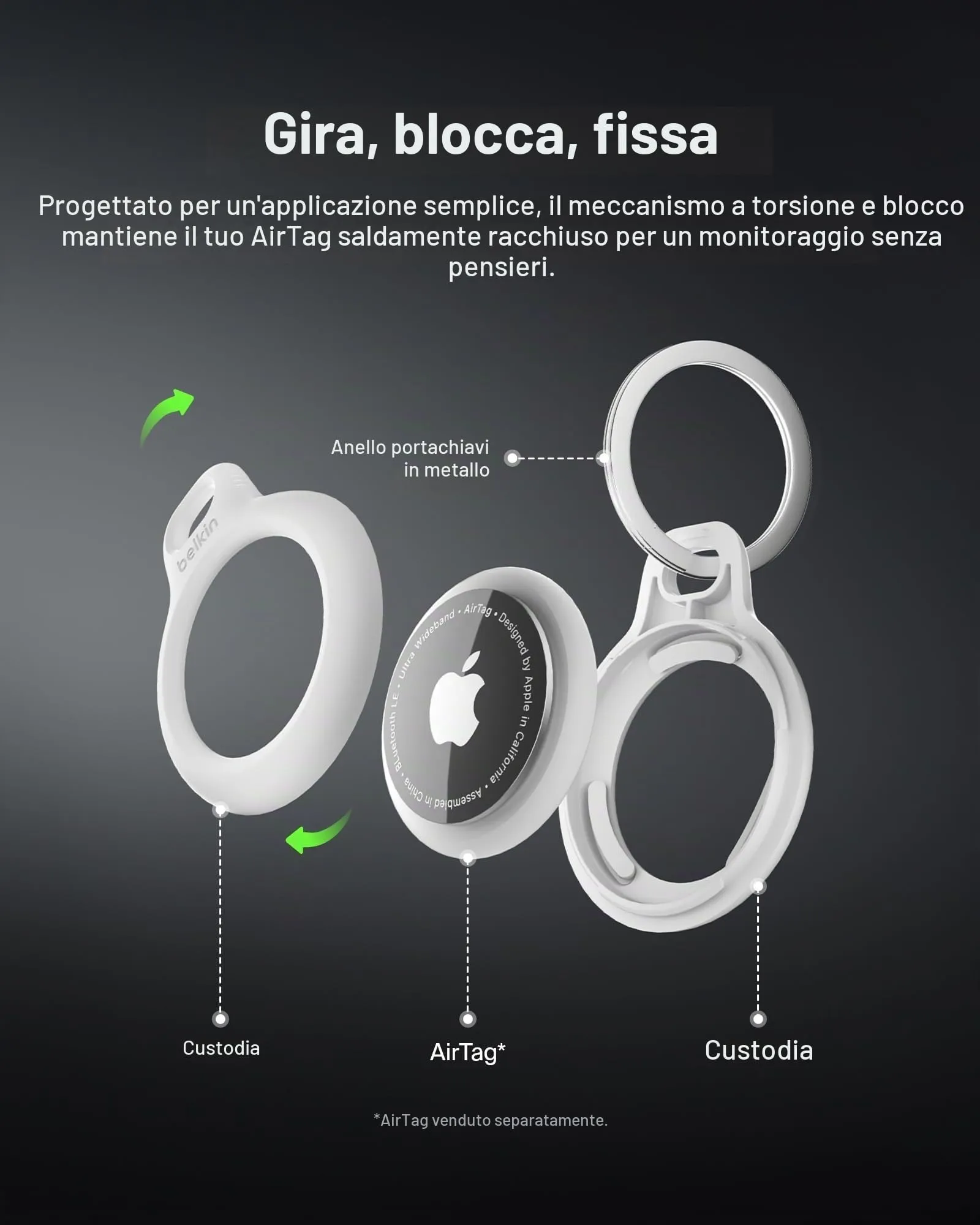 Belkin Portachiavi per Apple AirTag (2 pezzi), Custodia con Anello Porta per AirTag, Antigraffio, Design Aperto, Bordi Rialzati per Uso con Chiavi, Animali Domestici, Bagagli, Nero e Bianco - immagine 4