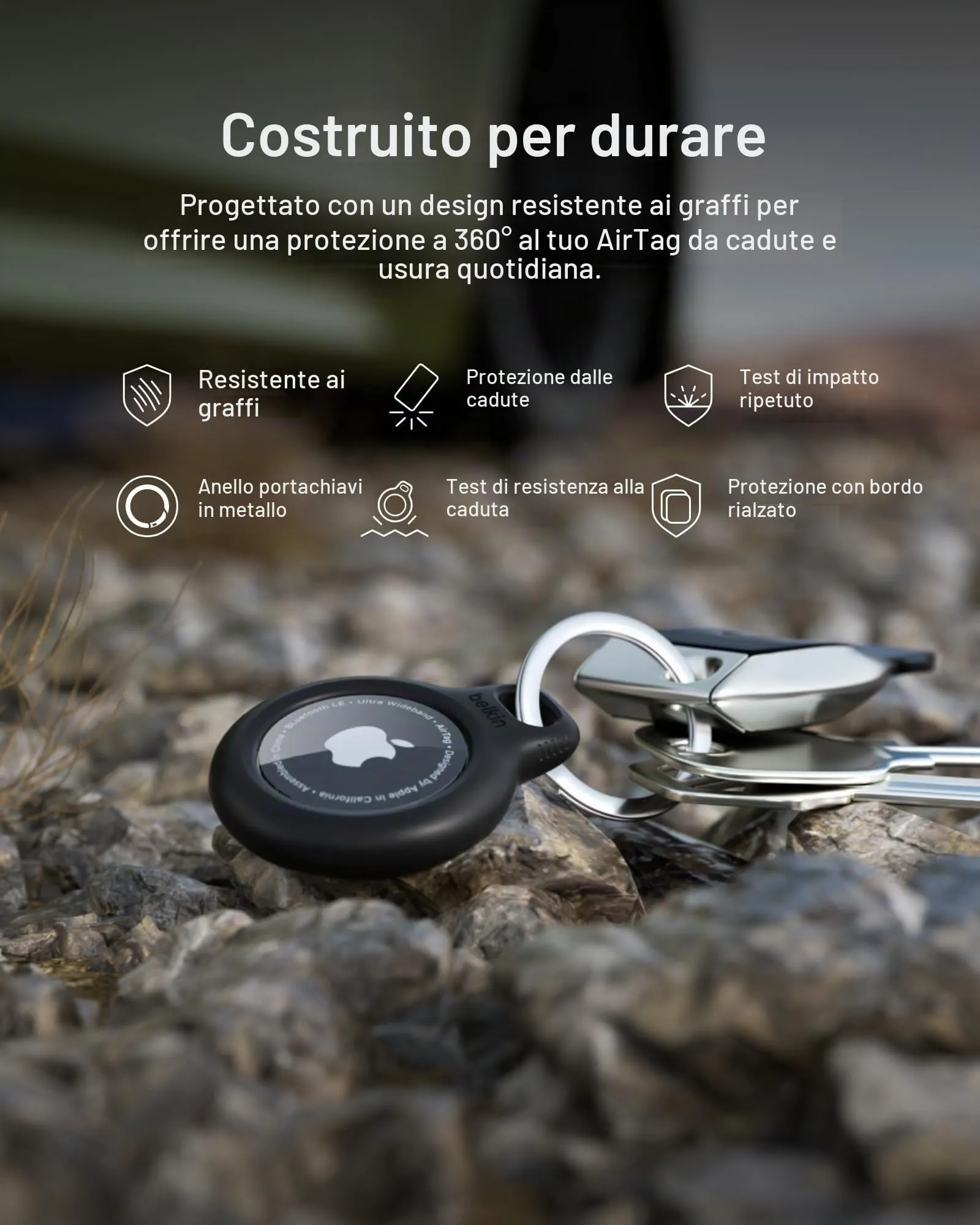 Belkin Portachiavi per Apple AirTag (2 pezzi), Custodia con Anello Porta per AirTag, Antigraffio, Design Aperto, Bordi Rialzati per Uso con Chiavi, Animali Domestici, Bagagli, Nero e Bianco - immagine 5