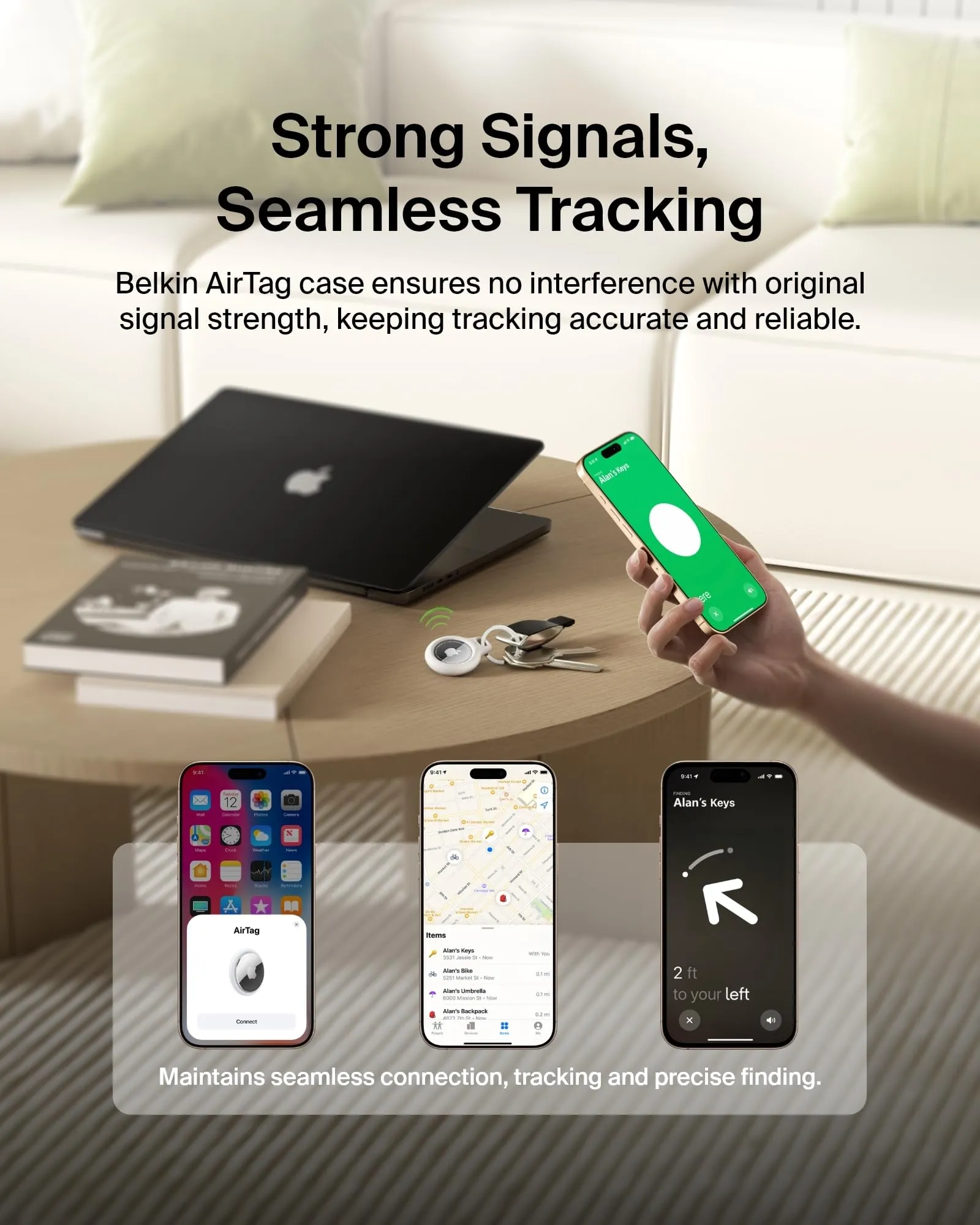 Belkin Portachiavi per Apple AirTag (2 pezzi), Custodia con Anello Porta per AirTag, Antigraffio, Design Aperto, Bordi Rialzati per Uso con Chiavi, Animali Domestici, Bagagli, Nero e Bianco - immagine 6