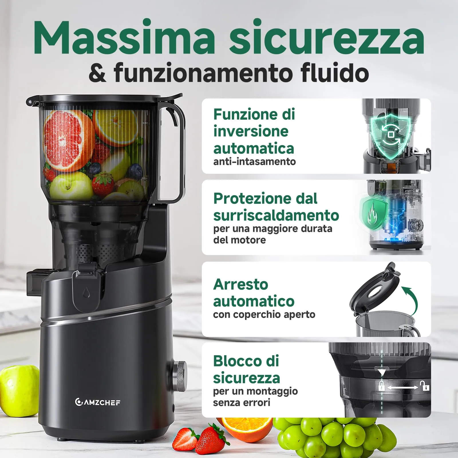 AMZCHEF Slow Juicer Automatico Estrattore di succo con apertura di - immagine 6