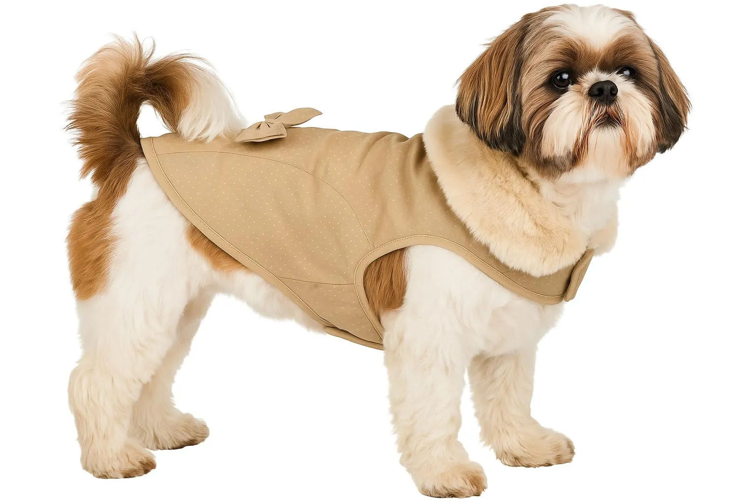 Cappotto cane – Guzzi Beige – A:30cm – Poliestere – Lavabile a 30°C – Fodera in pile morbido – Impermeabile – Con fiocco decorativo – Flamingo - immagine 1