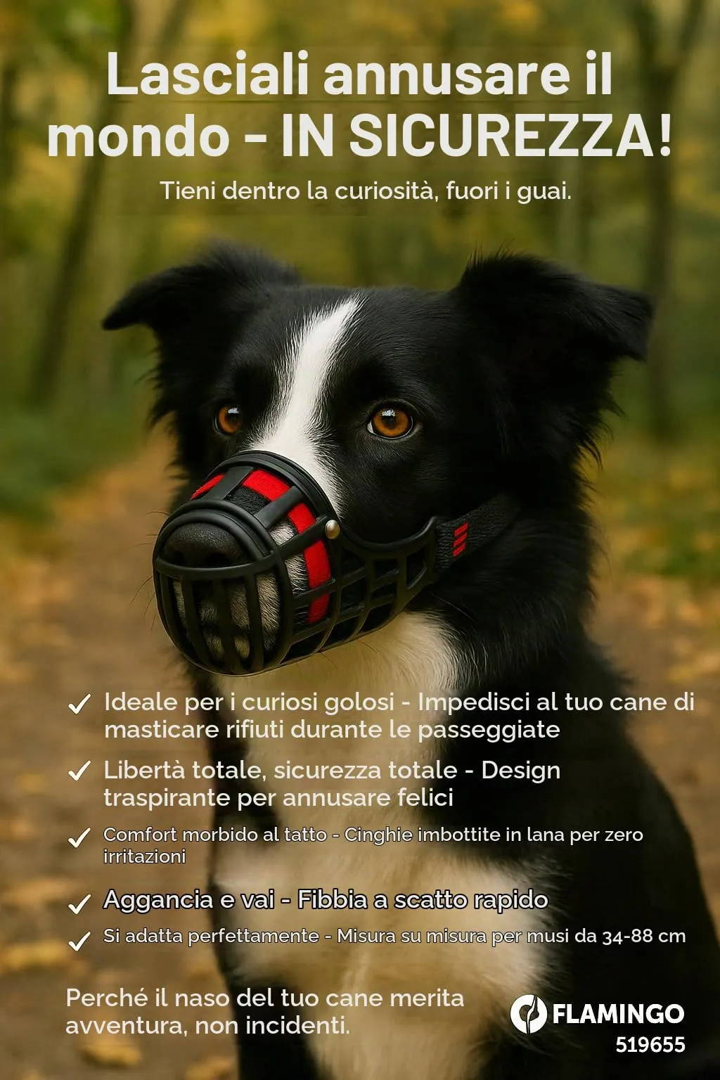Museruola per cani – museruola cani taglia XS – in plastica leggera e regolabile – comfort e sicurezza – per passeggiate, addestramento e viaggi – Flamingo Museruola Silas XS - immagine 3