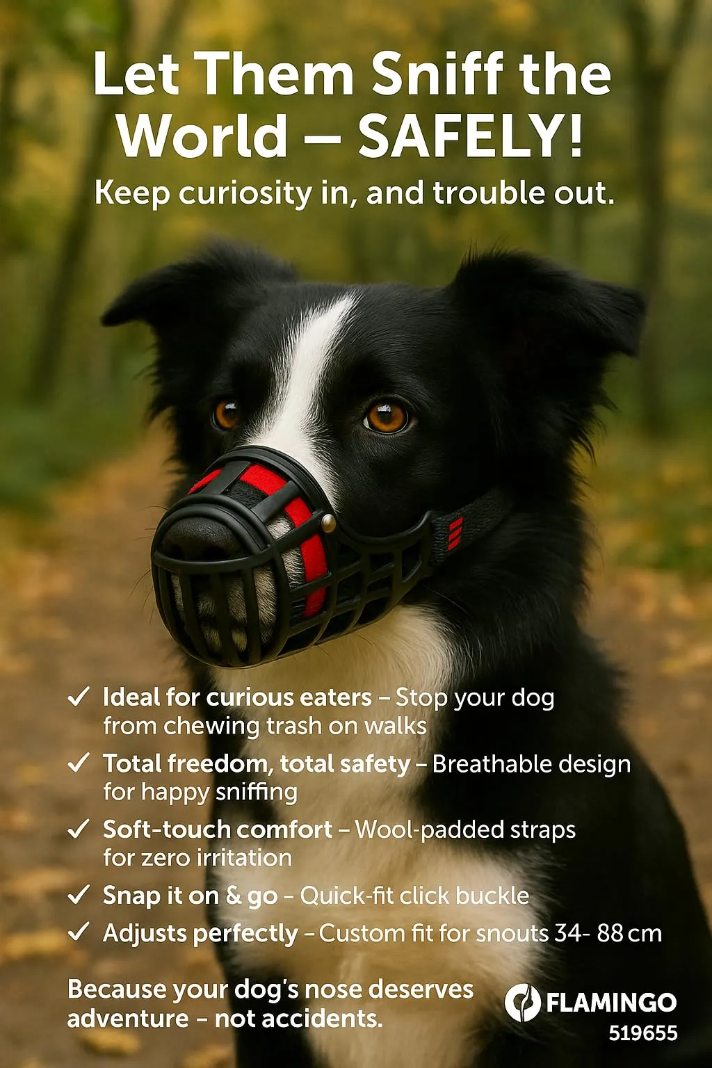 Museruola per cani – museruola cani taglia L – in plastica leggera e regolabile – comfort e sicurezza – per passeggiate, addestramento e viaggi – Flamingo Museruola Silas L - immagine 3