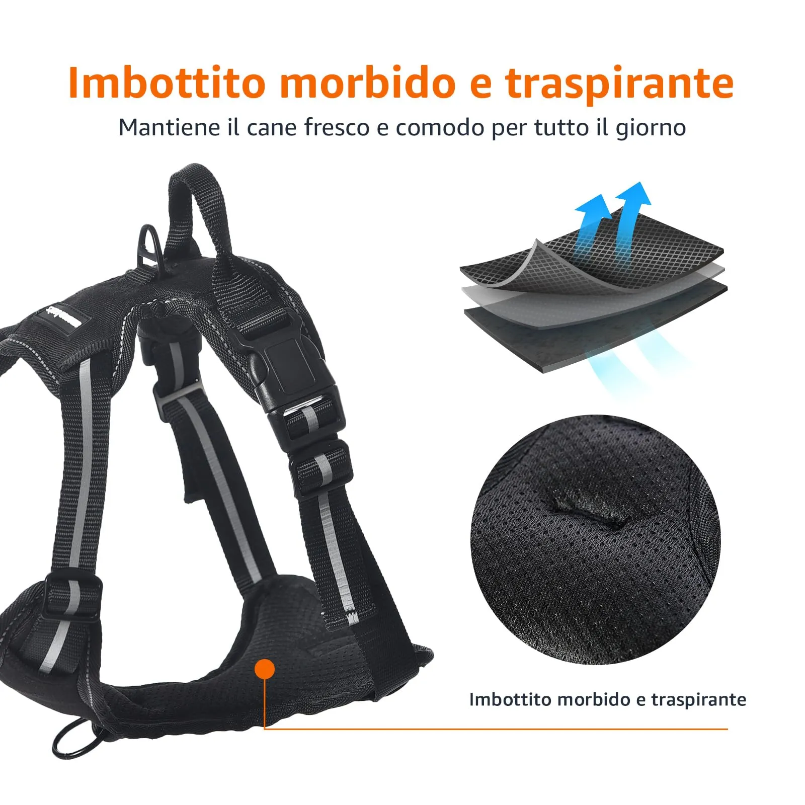 Amazon Basics Pettorina a gilet per cani regolabile, anti-trazione, imbottita, morbida, con strisce riflettenti, nera, misura Medio - immagine 4