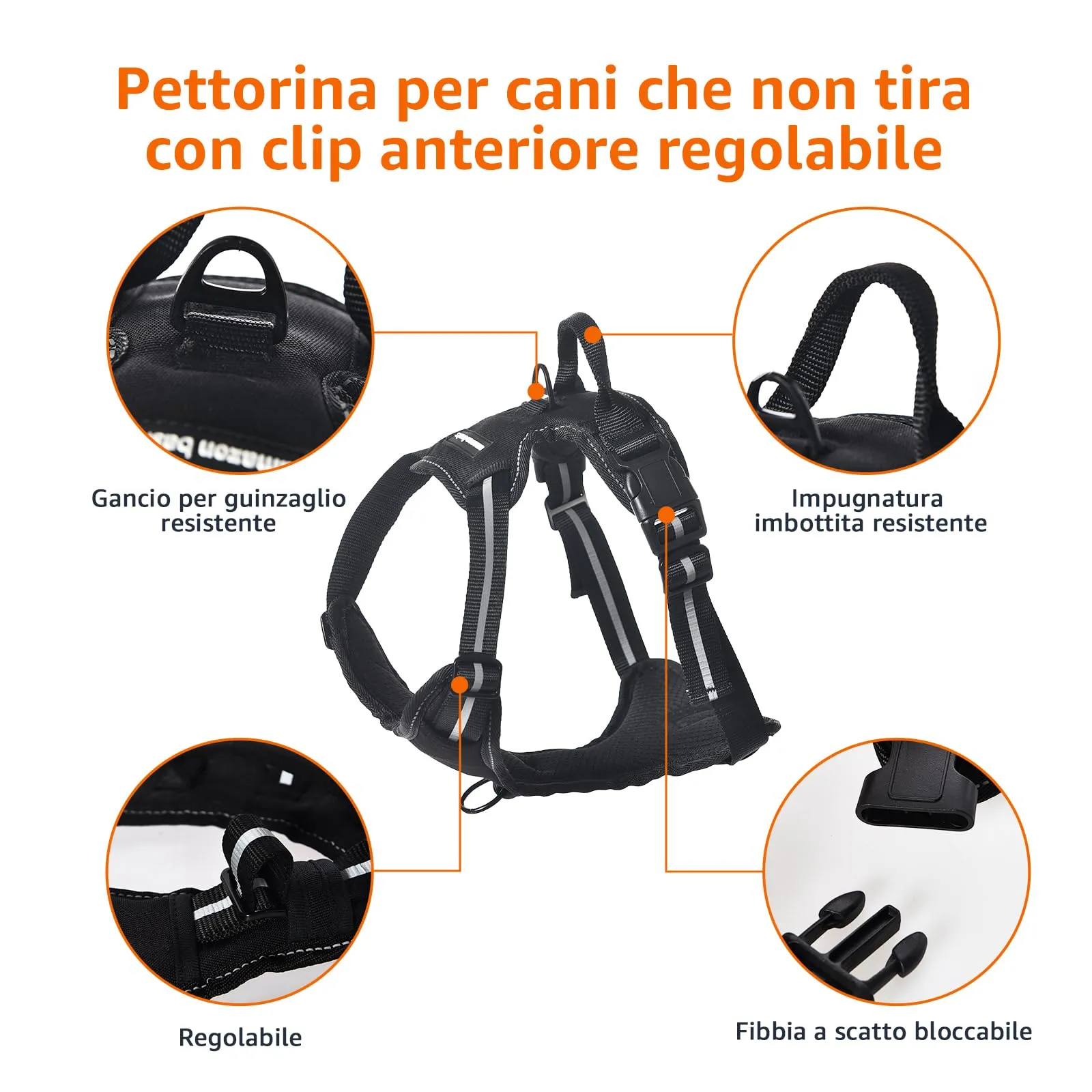 Amazon Basics Pettorina a gilet per cani regolabile, anti-trazione, imbottita, morbida, con strisce riflettenti, nera, misura Medio - immagine 5